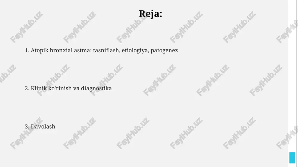 chiqarishga undaydi, eozinofillarni jalb qiladi va shilliq ishlab chiqarishni oshiradi, bu esa havo yo'llarining yallig'lanishiga olib keladi. klinik ko'rinishi bronxial astmaning klinik ko'rinishida xarakterli xirillashlar, ayniqsa ekshalatsiya paytida, nafas qisilishi xurujlari va ko'krak qafasidagi siqilish hissi kuzatiladi. allergik astmada bemorlarda ko'pincha ekzema, allergik rinit yoki oziq-ovqat allergiyasi kabi atopik kasalliklar anamnezida mavjud bo'lib, bu diagnostik ahamiyatga ega. astma xurujlari ko'pincha tungi vaqtda yoki erta tongda kuchayadi, bemorning uyqusini buzadi va nafas olish qiyinlishuvi bilan kechadi. anamnez va fizik tekshiruv fizik tekshiruvda nafas olishda qiyinchilik, xirillashlar (odatda ekspirator), nafas olish tezligi (rr) daqiqada 20 dan ortiq bo'lishi kuzatilishi mumkin. anamnezda nafas qisilishi xurujlari chastotasi, davomiyligi va og'irligi, shuningdek, tungi xurujlar (2-3 soatda) mavjudligi aniqlanadi, bu muhim diagnostika belgisidir. anamnezda allergiya, ekzema yoki oilaviy atopiya tarixi bo'lishi mumkin, bu ige mediated 1-type gipersezuvchanlikni ko'rsatuvchi omildir. diagnostika bronxial astma tashxisida rentgen tekshiruvi o'pkaning boshqa kasalliklari (pnevmoniya, o'sma) yo'qligini aniqlash uchun o'tkaziladi, ammo astma …