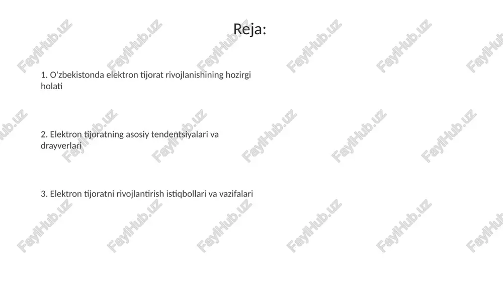 ari kengaytiriladi. raqamli iqtisodiyotni rivojlantirish konsepsiyasi doirasida 100 mingdan ortiq tadbirkorni e-commerce platformalarida ro'yxatdan o'tkazish va ularga elektron tijorat bo'yicha treninglar tashkil etish ko'zda tutilgan. e-commerce sohasidagi investitsiyalarni 2026 yilgacha 50 million dollarga oshirish va logistika infratuzilmasini takomillashtirish, shu jumladan 10 ta yangi zamonaviy omborxona qurish rejalashtirilgan. e'tiboringiz uchun rahmat @taqdimot_robot image3.png image1.jpeg image2.jpeg