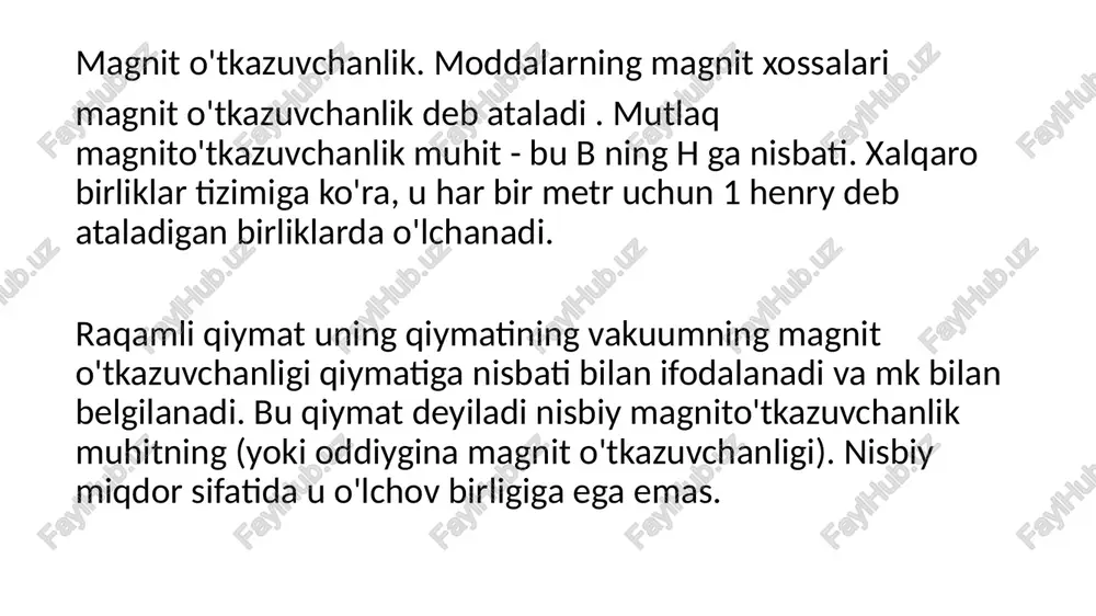 qotishmalar), ularning magnit o'tkazuvchanligi sezilarli darajada (bir necha darajalar bo'yicha) birlikdan oshadi. bu moddalar ferromagnitlar. bularga asosan nikel, temir, kobalt va ularning qotishmalari kiradi. po'lat uchun m = 8∙10^3, nikel-temir qotishmasi uchun µ=2,5∙10^5. ferromagnitlar ularni boshqa moddalardan ajratib turadigan xususiyatlarga ega. birinchidan, ular qoldiq magnitlanishga ega. ikkinchidan, ularning magnit o'tkazuvchanligi tashqi maydon induksiyasining kattaligiga bog'liq. uchinchidan, ularning har biri uchun ma'lum bir harorat chegarasi mavjud, deyiladi kyuri nuqtasi, bunda u ferromagnit xususiyatlarini yo'qotadi va paramagnetga aylanadi. nikel uchun kyuri nuqtasi 360 ° s, temir uchun 770 ° s. ferromagnitlarning xossalari faqat magnit o'tkazuvchanligi bilan emas, balki i ning qiymati bilan ham aniqlanadi. magnitlanish ushbu moddadan. bu magnit induksiyaning murakkab chiziqli bo'lmagan funktsiyasi bo'lib, magnitlanishning o'sishi chiziq bilan tavsiflanadi. magnitlanish egri chizig'i. bunday holda, ma'lum bir nuqtaga erishgandan so'ng, magnitlanish deyarli o'sishni to'xtatadi (u erda keladi). magnit to'yinganlik). ferromagnit magnitlanish qiymatining tashqi maydon induksiyasining ortib borayotgan qiymatidan orqada qolishi deyiladi. magnit …