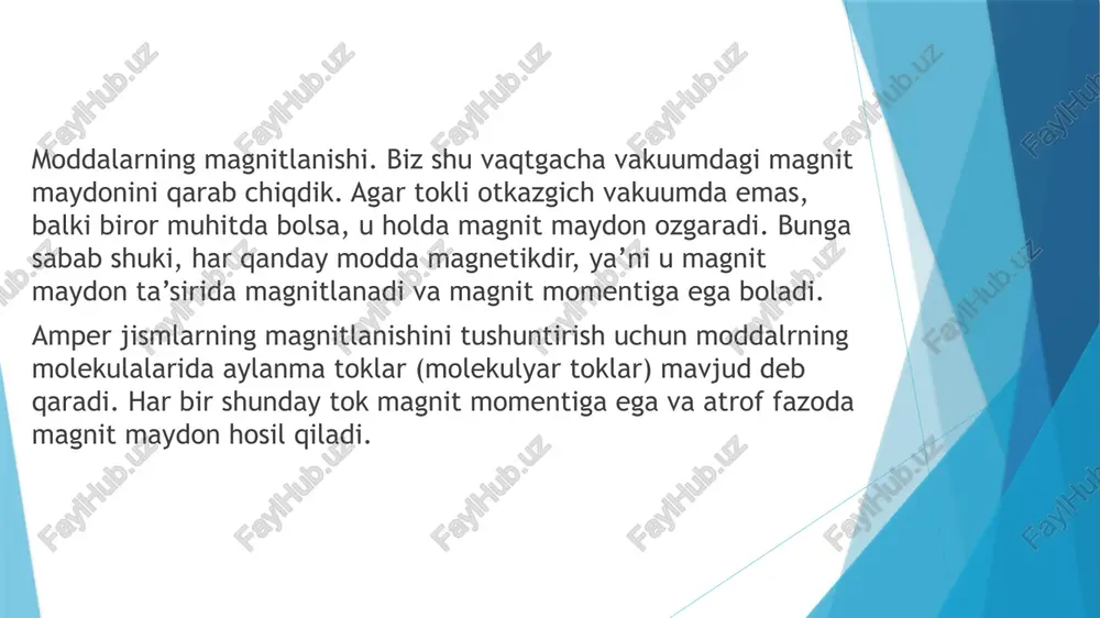 nisbatan necha marta farqlanishini korsatadi. tashqi magnit maydon bolmagan taqdirda bunday moddalar atomlari tarkibidagi elektronlarning magnit momentlari ozaro bir-birlarini kompensatsiyalaydi, magnit maydon ta’sirida esa diamagnit effekt tufayli atom tarkibidagi ayrim elektronlar erishadigan qoshimcha magnit momentlarining qoshilishi natijasida atomda tashqi maydonga teskari yonalgan magnit moment dporb vujudga keladi. bu magnit moment ozini vujudga keltirayotgan tashqi maydonni susaytiradi. shuning uchun bunday moddalarning (diamagnetiklarning) magnit qabul qiluvchanligi manfiy boladi. paramagnetiklar. agar modda atomlarining magnit momenti noldan farqli bolsa, bunday modda paramagnetik hisoblanadi. tashqi magnit maydon atomlarining magnit momentlarini yonalishi boyicha joylashtirishga, issiqlik harakati esa aksincha, atomlar magnit momentlarining tartibli joylashuvini buzishga harakat qiladi. paramagnit moddalarda ham diamagnit effekti vujudga keladi, lekin uning xissasi paramagnit effektga nisbatan ancha kichik. paramagnetiklar magnit qabul qiluvchanligining haroratga bogliqligi kyuri qonuni deb ataluvchi formula bilan ifodalanadi. s-sonst, kyuri doimiysi, bolib modda tabiatiga bogiq. juda past xaroratlarda kyuri qonunidan chetga chiqish sodir boladi. ferromagnetiklar. tashqi maydon bolmaganda ham magnitlanish …