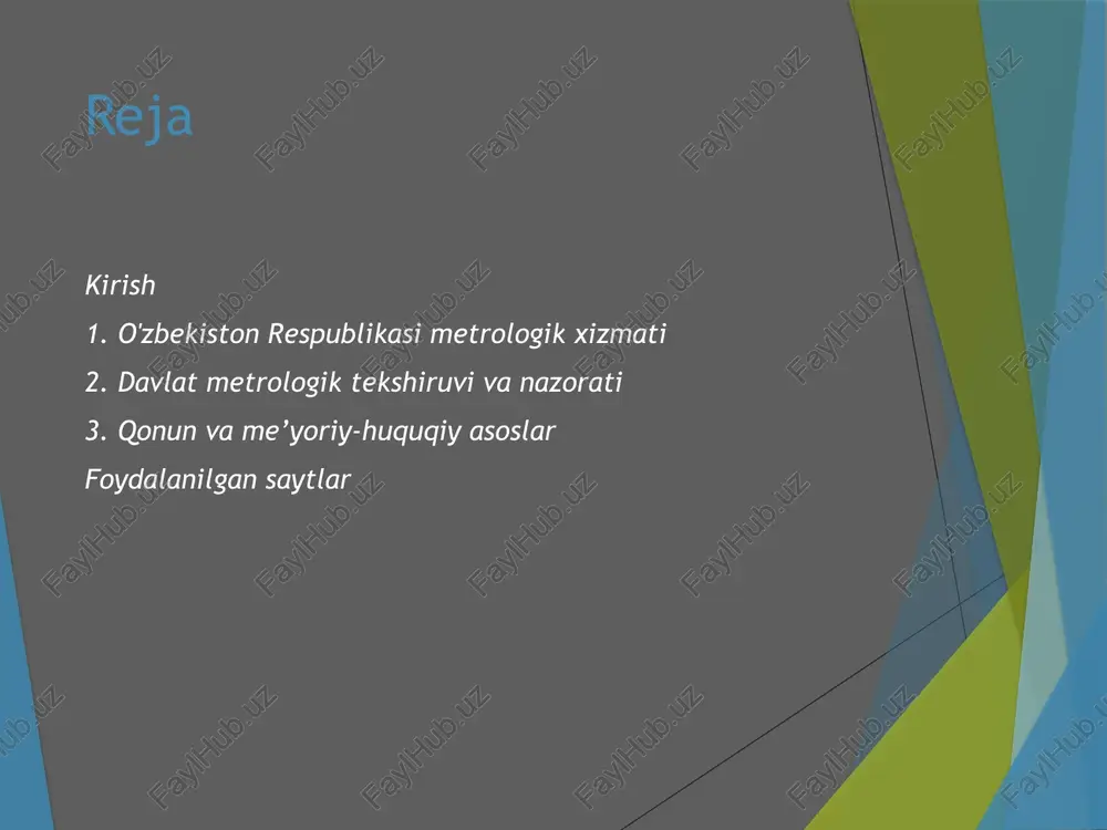 hirish; davlat metrologik tekshiruvi va nazoratini amalga oshiradi. davlat metrologik tekshiruvi va nazorati sog'liqni saqlash, veterenariya, atrof muhitni asrash; moddiy qadriyatlar va energetik zahiralar hisobi; savdo-tijorat, boj, pochta va soliq operatsiyalarini o'tkazish, telekommunikatsion xizmatlar ko'rsatish; zaharli, tez alangalanuvchi, portlovchi va reaktiv moddalarni saqlash, tashish hamda yo'qotish; davlat mudofaasini ta'minlash; mehnat xavfsizligi va transport xavfsizligini ta'minlash; sertifikatlanayotgan mahsulotning xavfsizligini va sifatini aniqlash; geodezik va gidrometeorologik ishlar; o'lchov vositalarini davlat sinovlaridan, yo'qlamalashdan, kalibrlashdan, ta'mir va metrologik attestatsiyalashdan o'tkazish; foydali qazilmalarni olish; milliy va xalqaro sport rekordlarini ro'yxatdan o'tkazish. qonun va me’yoriy-huquqiy asoslar 1-moddaning beshinchi xatboshisi o'zbekiston respublikasining 2014 yil 11 dekabrdagi o'rq-381-sonli qonuni tahririda — o'rqht, 2014 y., 50-son, 588-modda «davlat etaloni» — vakolat berilgan milliy organning qarori bilan o'zbekiston respublikasi hududida o'lchov birligining o'lchami sifatida e'tirof etilgan etalon; «metrologiya xizmati» — davlat organlari va yuridik shaxslarning metrologiya xizmatlari tarmog'i hamda ularning o'lchovlar yagona birlikda bo'lishini ta'minlashga qaratilgan faoliyati; «davlat metrologiya nazorati» …