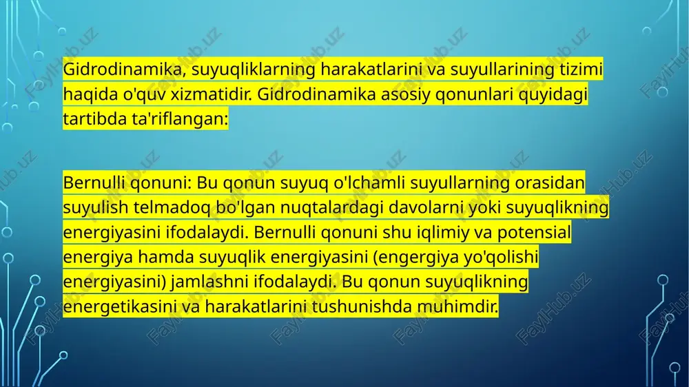 shuningdek suyuqliklarning harakatdagi o'zaro ta'sirini ularning chegaralari bilan o'rganishga qaratilgan qismi. uning etimologiyasi haqida so'zning kelib chiqishi lotincha atamada gidrodinamika image3.jpeg image4.jpeg image5.jpeg image6.jpeg image2.png /docprops/thumbnail.jpeg
