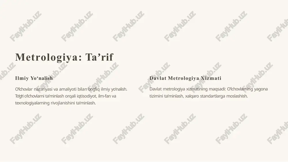 reyestrida rasmiylashtirilgan oʻlchov vositalarining tartibi. metrologik xizmatlarning turlari 1 majburiy xizmatlar 2 korporativ xizmatlar majburiy xizmatlarga oʻlchov vositalarini davlat qiyoslashdan oʻtkazish, sertifikatlash va kalibrlash kiradi. korporativ xizmatlar esa xususiy korxonalar uchun metrologik konsalting va xizmat koʻrsatishni oʻz ichiga oladi. metrologiyada xalqaro standartlar (iso) iso 9001: sifat menejmenti tizimi va iso 17025: sinov va kalibrlash laboratoriyalari uchun standartlari asosida davlat metrologiya tizimi modernizatsiyasi amalga oshiriladi. metrologiya: hayotning muhim o'lchovlarini tashkil etish metrologiya - bu o'lchovlar fanidir. u o'lchovlarni bajarish, natijalarni baholash, xatoliklarni bartaraf etish va ularni bir-biriga moslashtirish jarayonlarini o'rganadi. metrologiyaning tibbiyotdagi ahamiyati tibbiy asbob-uskunalarni kalibrlash yurak qon-tomir tekshiruvi apparatlari, rentgen va laboratoriya jihozlari metrologiya yordamida kalibrlanadi. bu ularning aniqligi va ishonchliligi taʼminlanishini anglatadi. tibbiy diagnostika sifatini oshirish o‘lchov aniqligi orqali kasalliklarni to‘g‘ri tashxislash va samarali davolanish mumkin. metrologiya bu jarayonda muhim rol o‘ynaydi. metrologiya va ekologiya atrof-muhit monitoringi havo, suv va tuproq sifatini o‘lchash atrof-muhitni himoya qilishda muhim ahamiyatga ega. …