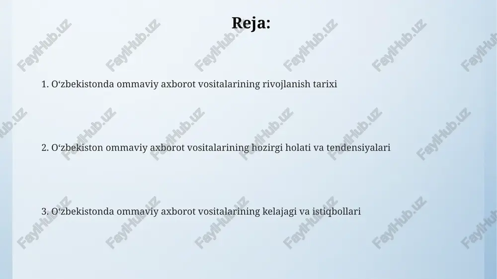 aoliyat turlari ommaviy axborot vositalarining yana bir yo'nalishi iqtisodiy rivojlanishni qo'llab-quvvatlashdir, xususan, 10 dan ortiq biznes-forumlar va investitsiya loyihalari yoritilishi orqali. o'zbekistonda oavning asosiy yo'nalishlaridan biri bu ijtimoiy-siyosiy mavzularni yoritishdir, shu jumladan 15 ta siyosiy partiyaning faoliyati va mamlakatdagi islohotlar muhokamasi. o'zbekistonda oav faoliyatining muhim turi ta'limiy va ma'rifiy dasturlarni ishlab chiqishdir, masalan, 20 ga yaqin telekanalda tarixiy va madaniy merosni targ'ib qilish. e'tiboringiz uchun rahmat @taqdimot_robot image4.png image5.png image3.jpeg