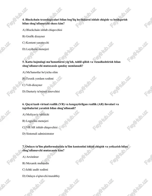 qamli iqtisodiyotda yangi texnologiyalar va tendensiyalarni tahlil qilib, kompaniyalarga strategik maslahatlar beradigan mutaxassis qanday ataladi? a) sistemalarni tahlil qiluvchi b) transport menejeri c) innovatsion strategiya bo'yicha maslahatchi d) jamoatchilik bilan aloqalar bo'yicha mutaxassis javoblar: № javoblar 1 b 2 b 3 d 4 a 5 a 6 c 7 d 8 d 9 a 10 c /docprops/thumbnail.jpeg