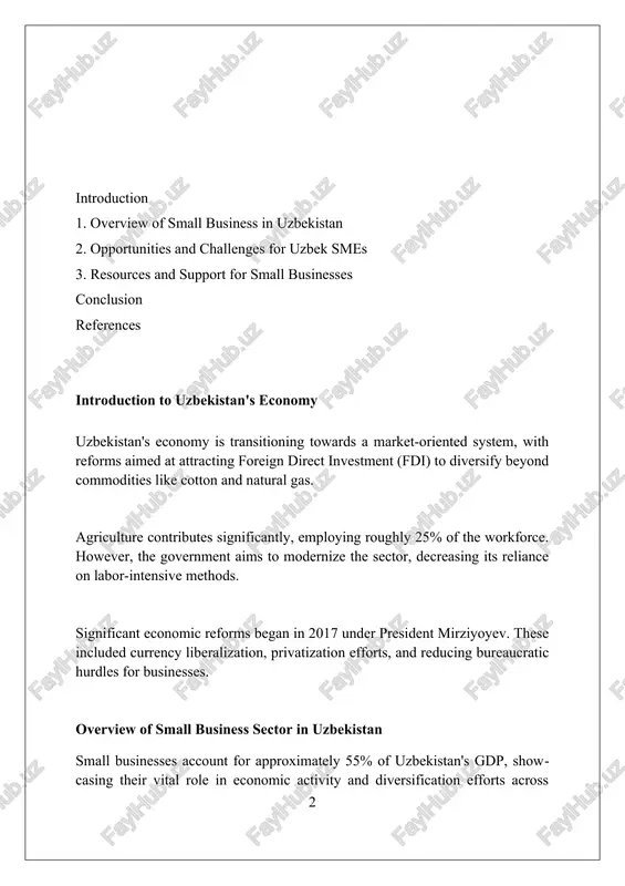 y in sectors like textiles and agriculture, aided by microfinance initiatives and training programs. legal and regulatory framework for small businesses the 2012 law on family business allows simplified registration procedures and tax benefits for businesses where family members conduct activities, aimed to enhance entrepreneurship at grassroot levels. a unified electronic registration system was introduced in 2017 enabling entrepreneurs to register their businesses online, shortening the registration process to approximately 30 minutes. small businesses benefit from a simplified tax regime; they can choose a single fixed tax rate based on turnover, instead of standard profit, vat, and property tax calculations. opportunities and growth sectors agribusiness presents opportunities via uzbekistan's focus on doubling agricultural output by 2030, requiring modernized technology and efficient supply chains, boosting small business prospects. tourism is a growth sector, fueled by government investments. developing eco-tourism and cultural experiences for the 6.7 million tourists in 2023 offers unique …