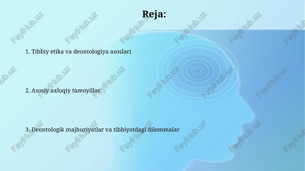xavflarni baholashni talab etadi. asosiy axloqiy tamoyillar: adolat adolat tibbiyotda resurslarni (masalan, dori-darmonlar, tibbiy uskunalar) taqsimlashda tenglikni anglatadi, har bir bemorga ularning ehtiyojlariga ko'ra 100 foiz imkoniyat berilishi kerak. adolat tamoyili bemorlarga nisbatan kamsitishga yo'l qo'ymaslikni talab etadi, masalan, ijtimoiy-iqtisodiy holatiga qarab ularga 90 foiz kamroq xizmat ko'rsatmaslik kerak. deontologik nazariyalar: kant deontologiyasi kant deontologiyasi kategorik imperativga asoslanadi: 'shunday harakat qilingki, sizning xatti-harakatingiz printsipi umumiy qonun bo'lishini xohlaysiz'. bu universalizatsiya tamoyilidir. kant etikasida insonlar maqsad sifatida ko'riladi, vosita emas. odamlarni shunchaki maqsadga erishish uchun ishlatish axloqiy jihatdan noto'g'ri, chunki ularning qadri bor. natijaviylik va utilitarizm natijaviylik 18-asrda jeremi bentham tomonidan ishlab chiqilgan bo'lib, harakatning axloqiyligi uning oqibatlariga bog'liq deb hisoblaydi. 1 ta yaxshi natija 1 ta yomon natijadan ustun turishi kerak. utilitarizm natijaviylikning bir shakli bo'lib, u eng katta son uchun eng katta baxtni ta'minlashga qaratilgan. 2-asosiy printsip foydani maksimal darajaga ko'tarishdan iborat. tibbiy deontologiyaning asosiy qoidalari bemorning avtonomiyasini hurmat …