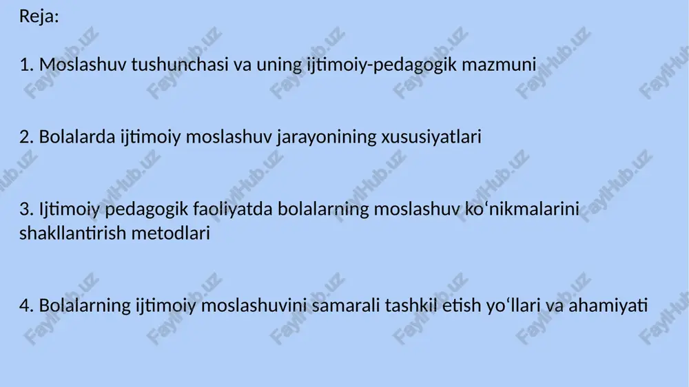 muhitining iliqligi va quvnoqligi. agar bu omillar uyg‘unlashsa, bola tez va oson moslashadi; aks holda esa, u o‘zini chetda his etadi va ijtimoiy faol bo‘la olmaydi. --- 3. ijtimoiy pedagogik faoliyatda bolalarning moslashuv ko‘nikmalarini shakllantirish metodlari ijtimoiy pedagogning asosiy vazifalaridan biri — bolaga yangi muhitda o‘zini erkin tutish, ijtimoiy vaziyatlarga to‘g‘ri moslashishiga yordam berishdir. bu jarayonda quyidagi metodlar samarali hisoblanadi: 1. kuzatish va suhbat metodi bolaning xulqi, hissiy holati va jamoaga kirish darajasi muntazam kuzatiladi. suhbat orqali bola ichki dunyosini ifoda etishga o‘rganadi. 🔹 2. o‘yin metodlari rolli, syujetli va harakatli o‘yinlar bolaga ijtimoiy rollarni o‘zlashtirishga, muloqot qilishga yordam beradi. masalan: “do‘st topamiz”, “birgalikda quramiz”, “biz bir jamoamiz” kabi o‘yinlar. 🔹 3. rag‘batlantirish metodi bolaga kichik yutuqlari uchun maqtov, belgilar, sovg‘alar berish orqali o‘ziga ishonch hosil qilinadi. bu ijobiy motivatsiyani kuchaytiradi. 4. hamkorlik metodi bola, tarbiyachi va ota-onaning birgalikdagi faoliyati moslashuvni tezlashtiradi. masalan, oilaviy kechalar, birgalikdagi bayramlar, qo‘shma ijodiy ishlar. …