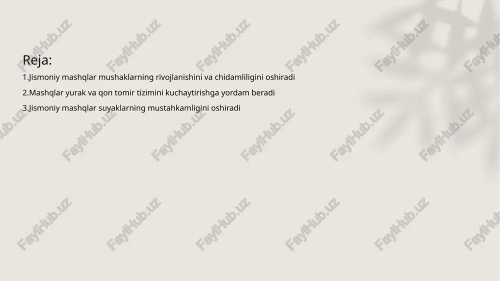 salomatligi, umuman sog‘liq uchun zarur - jismoniy faoliyat tanadagi suyaklarning zichligini oshirishga, yosh o‘tgan sari ularni mustahkam saqlashga yordam beradi. mashqlar stressni kamaytirishga va ruhiy holatni yaxshilashga yordam beradi • jismoniy faollik va stressni kamaytirish - muntazam jismoniy mashqlar stressni kamaytirishda muhim rol o‘ynaydi, chunki ular kortizol darajasini pasaytiradi. mashqlar bo‘lganda organizm endorfin ajratadi, bu esa kayfiyatni ko‘taradi. • mashqlar va ruhiy sog‘likni saqlash - jismoniy mashqlar uyqu sifatini yaxshilaydi, aqliy diqqatni oshiradi. yurish, yugurish kabi faoliyatlar ruhiy balansni tiklashga yordam beradi. doimiy mashqlar energiya darajasini oshiradi va charchoqni kamaytiradi • jismoniy faollikning foydasi - doimiy jismoniy mashqlar organizmga yangi kuch va energiya beradi. ular yurak qon-tomir tizimini mustahkamlaydi va qon aylanishini yaxshilaydi. • charchoqning oldini olish - mashqlar qondagi kislorod miqdorini oshirib, charchoqqa qarshi samarador kurashishni ta'minlaydi. natijada – kun davomida yuqori diqqat va unumdorlik. • endorfin ishlab chiqarilishi - mashqlar davomida endorfin ishlab chiqariladi, bu esa ijobiy kayfiyatga …