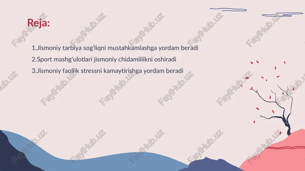 ga yordam beradi • harakat koordinatsiyasining ahamiyati - jismoniy tarbiya tananing harakat koordinatsiyasini yaxshilaydi, muvozanat hamda moslashuvchanlikni oshiradi, bu kundalik faoliyatlarda samarali harakat qilishni taʼminlaydi. • mashqlar va rivojlanish - koordinatsiyani rivojlantirishga yoʻnaltirilgan mashqlar, turli harakatlarni birgalikda bajarishga oʻrgatadi, bu sportda va sogʻlom hayot tarzida muhimdir. jismoniy tarbiya harakat koordinatsiyasini rivojlantiradi • mashg'ulotlarning foydalari - doimiy mashg'ulotlar mushaklarning tuzilishiga ijobiy ta'sir qiladi, ularni mustahkamlaydi va kuchaytiradi. bu jarayon sog'liqni saqlashda ham muhim rol o'ynaydi. • kuchli mushaklarning ahamiyati - kuchli mushaklar tana barqarorligini oshiradi, suyaklarni himoya qiladi va harakatlar davomida xavfsizlikni ta'minlaydi. bu jismoniy faoliyat sifatini yaxshilaydi. • mashg'ulotlarning turli usullari - og'irliklar bilan ishlash, yoga yoki aerobik mashg'ulotlar mushaklarni kuchaytirishda yordam beradi. turli mashqlar turli mushak guruhlarini nishonga oladi. • maqsadli natijalarga erishish - to'g'ri ovqatlanish bilan birga muntazam mashg'ulotlar qilish mushaklarni rivojlantirishda va salomatlikni yaxshilashda samarali bo'ladi. mashg'ulotlar mushaklarni kuchaytirishga xizmat qiladi • jismoniy faollikning ahamiyati - jismoniy …