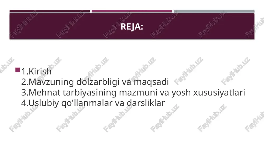 dan ortiq uslubiy qo'llanma mavjud (masalan, "bolalarni mehnatga o'rgatish metodikasi"). uslubiy qo'llanmalar: maktabgacha ta'lim vazirligi tomonidan chiqarilgan "mehnat tarbiyasi mashg'ulotlari" (2021 yil), unda 50 ta amaliy mashg'ulot tavsifi berilgan. masalan, "o'yin orqali mehnat" bo'limida bolalarni guruhda ishlatish usullari ko'rsatilgan. - darsliklar: "maktabgacha ta'limda mehnat tarbiyasi" (muallif: d. xudoyberdiyeva, 2020 yil), unda yosh guruhlari bo'yicha dars rejasi va baholash mezonlari mavjud. vazirlikning ilmiy-uslubiy markazlari tomonidan yiliga 10 dan ortiq yangi qo'llanma nashr etiladi, ular barcha muassasalarda bepul tarqatiladi. uslubiy qo'llanmalar va darsliklar amaliy usullar va mashg'ulotlar 1. o'yin usuli: "mehnat o'yini" – bolalar o'yinchoq uylar qurishadi, natijada tartibni o'rganadilar. 2. amaliy ishlar: bog'chada bog'dorchilik – bolalar urug' ekish va sug'orish orqali tabiatga g'amxo'rlikni o'rganadilar (haftasiga 1 soat). 3. guruh ishi: "kichik yordamchilar" – tarbiyachiga stol yoyishda yordam berish, bu ijtimoiy ko'nikmalarni rivojlantiradi. 4. innovatsion usullar: raqamli o'yinlar (planshet orqali "mehnat sarguzashtlari" ilovasi), pf-79 farmoniga muvofiq joriy etilgan. o'qituvchilar roli va malaka …