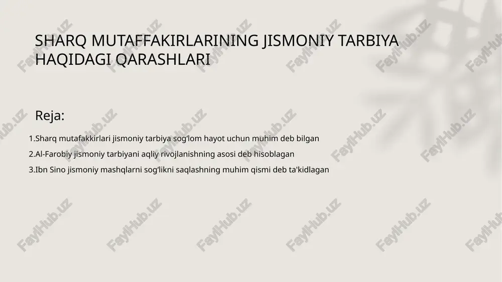 kni saqlashda jismoniy mashqlarni muhim deb bilgan. u sog‘lik va umrni uzaytirish uchun muntazam harakatni tavsiya qilgan. • jismoniy mashqlar roli - mashq qilish qon aylanishini yaxshilaydi, asab tizimini muvozanatli qiladi. ular tanani kasalliklardan saqlashga yordam beradi. • o‘z davridagi tavsiyalar - ibn sino o‘z davrida piyoda yurish, yugurish, cho‘zilish kabi mashqlarni tavsiya qilgan. u harakat inson uchun tabiiy ehtiyoj ekanini aytgan. • zamonaviy ahamiyati - bugungi kunda ham avicennaning mashq qilish tamoyillari sog‘lom turmush tarzining asosidir. ularning foydasi ilmiy tadqiqotlar bilan tasdiqlangan. sharq falsafasida jismoniy va ruhiy tarbiya bir-biriga bog‘liq deb qaralgan • sharq falsafasida tarbiya tamoyillari - sharq falsafasi jismoniy va ruhiy tarbiyani uyg‘unlikda rivojlantirishni ta’kidlagan. qo‘llab-quvvatlashda inson tanasi va ruhiy olami birgalikda qaralgan. • jismoniy tarbiya ahamiyati - jismoniy tarbiya orqali sog‘lomlik va kuchli irodani shakllantirishga urg‘u berilgan. bu ruhiy salohiyatni mustahkamlash uchun asos hisoblangan. jismoniy tarbiya insonni kuchli va bardoshli qilishda muhim rol o‘ynaydi • jismoniy …