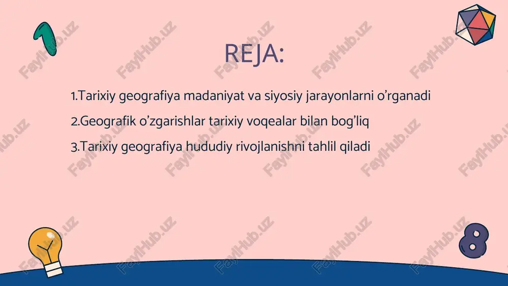 sport tizimi va aholi joylashuvi kabi omillarga bog‘liq. tarixiy geografiya bu omillarni o‘tmishdagi holatini hamda ularning hozirgi ta’sirini aniqlaydi. • misollar va tadqiqotlar ahamiyati - misol sifatida qadimgi shaharlardagi iqtisodiy markazlarning o‘sishini o‘rganish keltiriladi. bu tadqiqotlar bugungi shaharsozlik uchun foydali ahamiyatga ega. • fanlararo bog‘liqlik - tarixiy geografiya arxeologiya, iqtisod va tabiiy fanlar bilan hamkorlikda ishlaydi. bu bilimlar hududlarning uzoq muddatli rivojlanishini tushunishga yordam beradi. hududlar rivojlanishi tarixiy omillarga bog'liq • tarixiy omillar ta'siri - hududlarning rivojlanishida tarixiy omillar katta rol o'ynaydi. savdo yo'llari va qadimgi shaharlar ahamiyatli bo'lgan. o'tmishda shakllangan iqtisodiy va madaniy tuzilmalar hozirgi rivojlanishga asos bo'ladi. • geografik joylashuvning ahamiyati - hududning geografik o'rni rivojlanishga ta'sir qiladi. tog'li hududlar va vodiylar imkoniyatlar va cheklovlar yaratadi. bu omillar tarixiy jarayonlarga ham bog'liq bo'ladi. tarixiy geografiya iqtisodiy jarayonlarni o'rganadi • tarixiy geografiyaning mazmuni - tarixiy geografiya hududlarning o‘tgan zamonlardagi holatini o‘rganadi. bu soha tarixiy hodisalar va jarayonlarning geografik ta'sirini …