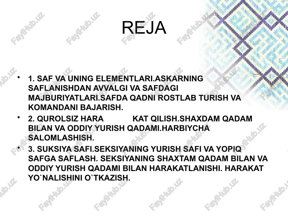 ni o'ziga moslashtirishi va to'g'ri taqishi, o'rtog'iga kamchiliklarini tuzatishda yordam berishi, safdagi o'z o'rnini bilishi, unga tez va bo'shashmasdan borib turishi, harakat vaqtida to'g'ri, old-ort va yon tomonlaridagi oraliq masofani saqlagan holda yurishi, xavfsizlik talablariga rioya etishi, ruxsatsiz safdan chiqmasligi safda turgan vaqtida gapirmasligi va chekmasligi, komandaning komanda va buyruqlariga diqqat bilan quloq solishi, ularni boshqalarga xalaqit bermay tez va soz bajarishi, buyruq va komandalarni boshqalarga o'zgartirmay baland ovozda va aniq yetkazishi lozim. saf elementlari saf kalonna old distansiya safning bo’yi yurish safi sherenga qanot ort safning eni yoyiq saf ikki sherengali saf saf — harbiy xizmatchilar, kichik bo'linmalar va qismlarning nizomiga ko'ra piyoda va mashinalarda birgalikda harakat qilish uchun joylashuvi bir sherengali saf sherenga— harbiy xizmatchi­larning intervalni saqlagan holda bir chiziqqa yonma-yon saf tortishi. ikki sherengali saf ikki sherengali saf — bunda bir sherengada turgan harbiy xizmat­chilar ikkinchi sherengada turgan harbiy xizmatchilar o'rtasidagi (orqada turgan harbiy xizmatchining kafti oldinda …