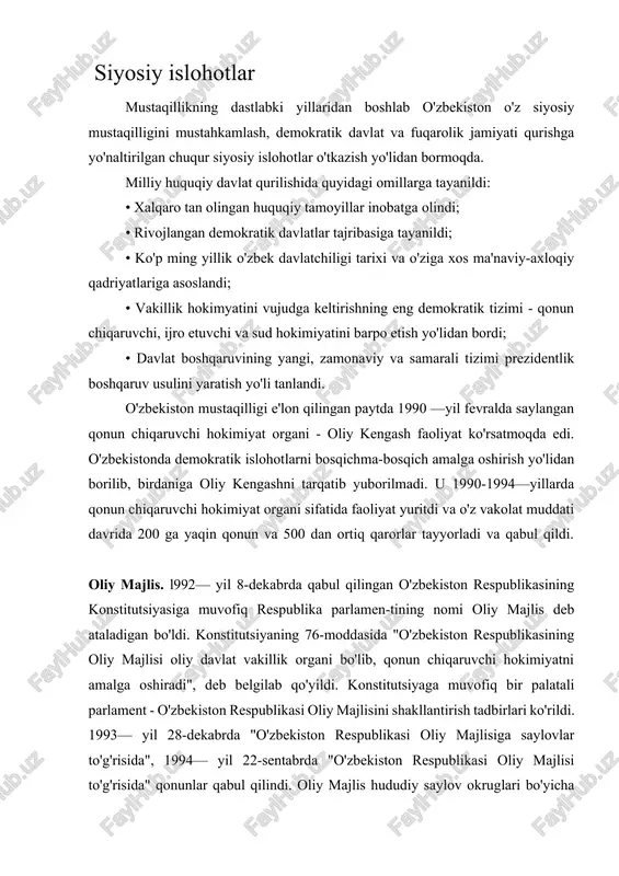 ha ko'p partiya-viylik asosida besh yil muddatga saylanadigan 250 nafar deputatdan iborat bo'iishi belgilandi. 1994—yil 25-dekabrkuni o'zbekiston respublikasi oliy majlisiga birinchi marta erkin, demokratik va ko'p partiyaviylik va muqobillik asosida saylovlar o'tkazildi. har bir saylov okrugida ikki-uch nomzod, jami 700 nafar nomzod deputatlik uchun kurashdi. saylovchilar birinchi marta nomzodlarni tanlab olish imkoniyatiga ega bo'ldi. nomzodlarning birontasi ham yetarli ovoz ololmagan saylov okruglarida 1995— yil 8 va 25-yanvar kunlari takroriy saylovlar bo'ldi. oliy majlisga 250 deputat saylandi. oliy majlis 1995-1999—yillarda ijtimoiy yo'naltirilgan bozor iqtisodiyotiga asoslangan demokratik davlat qurishdan iborat yo'lni huquqiy jihatdan ta'minlashga qaratilgan 10 kodeks, 2 milliy dastur, 145 qonun, 452 qaror qabul qildi. shuningdek, u 70 ta xalqaro shartnomani ratifikatsiya qildi, xalqaro konvensiyalarga qo'shilish to'g'risida 58 ta qaror qabul qildi. ikkinchi chaqiriq o'zbekiston respublikasi oliy majlisiga 1999— yil dekabrda saylovlar bo'lib o'tdi. saylovlarda 7 ta subyekt - beshta siyosiy partiya, hokimiyat vakillik organlari va saylovchilarning tashabbuskor guruhlaridan jami 1010 …