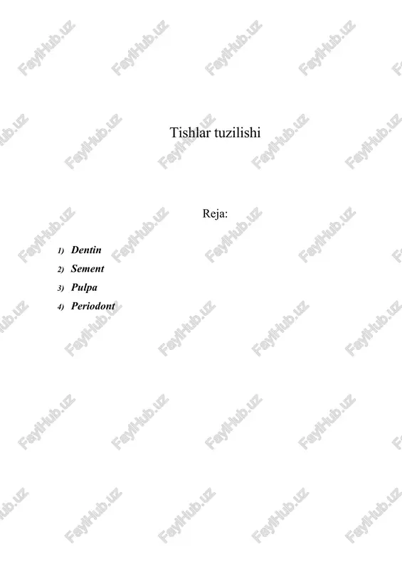 -tomirlar, 27 - periodontdagi siyrak tolali biriktiruvchi to`qima qatlamlari, 28 - tish alveolasining plastinkasimon suyak to`qimasi. rasm. tish qismlari tuzilish sxemasi. emal. 95-96 % mineral tuzlardan (gidroksiapatit, karbonatapatit, ftorapatit va boshq.), 1,2% - organik moddalardan, 3,8% - suvdan iborat. hujayralar tutmaydi, qayta tiklanmaydi, lekin ularda ionlar almashinuvi sodir bo`ladi. struktur-funksional birligi - emal prizmalari, prizmalar orasida - yelimlovchi prizmalararo modda; tashqaridan kutikula bilan qoplangan (rasm). emal prizmalari - emal bo`ylab tutam bo`lib radial yo`nalgan bo`lib, s-simon qayrilgan. prizmalar ko`ndalang kesmada oval, poligonal yoki qulfsimon bo`ladi, diametri 3-5 mkm. organik matriksi ingichka fibrillyar to`r bo`lib, unda gidroksiapatit va kalsiyfosfat joylashgan. kristallar orasida mikroskopik bo`shliqlar suv bilan to`lgan. prizmalarda yorug` va to`q chiziqlar aniqlanadi, ular emalning sutkalik hosil bo`lishi davrlariga mos keladi. rasm. emal shlifining skanerlangan elektron mikroskopiyasi. a - emal prizmalari prizmalararo modda - qalinligi 1 mkm dan kam, tuzilishiga ko`ra prizmalarga o`xshash, lekin kam minerallashgan, kamroq mustahkam, gidroksiapatit kristallari prizmalar …