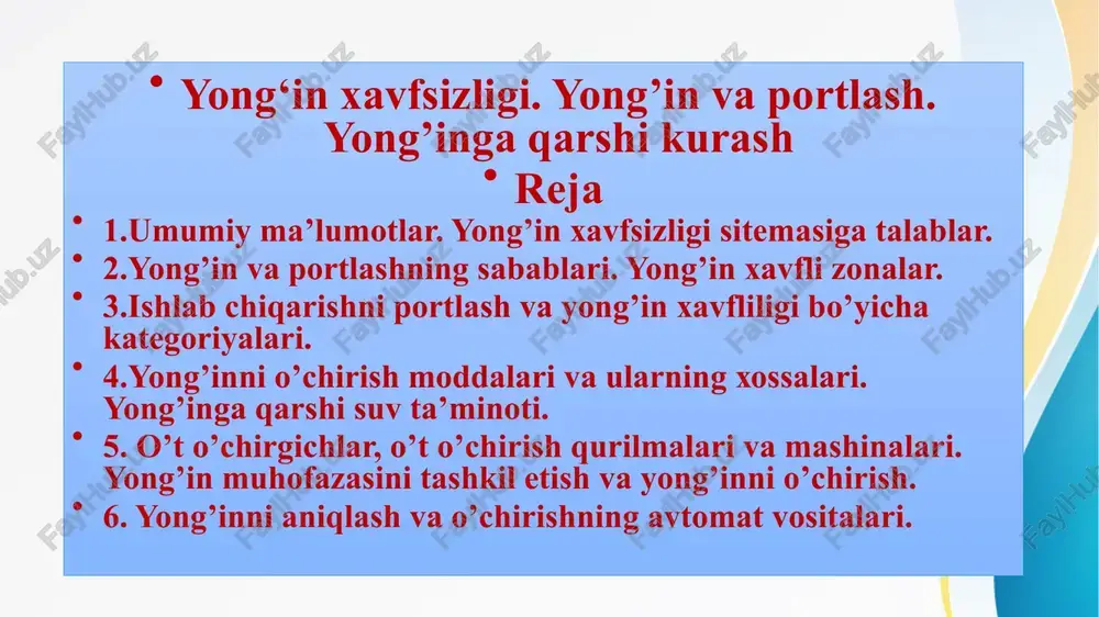 sitalaridan foydalanish, moddiylar va moddalarning issiqlik ta’sirida, ximiyaviy va mikrobiologik usulda o’z-o’zidan alanganlanish sharoitlarini bartaraf etish, belgilangan yong’inga qarshi tadbirlarni to’liq amalga oshirish, bino chegarasini davriy ravishda tozalab turish kabi tadbirlar orqali amalga oshiriladi. yong’in kelib chiqishini asosiy sabablariga quyidagilarni misol tariqasida keltirishimiz mumkin: taqiqlangan joylarda chekish, ochiq alangalardan foydalanish, yong’in xavfsizligi bo’yicha texnologik jarayonlarni buzish yoki ularga amal qilmaslik, moddiylarni saqlash qoidalariga rioya qilmaslik, statik elektr zaryadlariga qarshi texnik qurilmalardan foydalanmaslik, atmosferaning kuchli zaryadlaridan himoyalovchi qurilmalardan foydalanmaslik (yashin vaqtida 2 v dan 8 mln v kuchlanish, 200000 a tok kuchi miqdorida elektr zaryadlari hosil bo’lishi mumkin), ichki yonuv dvigatellarini sinash va ulardan foydalanish qoidalariga rioya qilmaslik, elektr jihozlari va qurilmalarini noto’g’ri o’rnatish yoki ularni zo’riqtirish, isitish sistemalaridan noto’g’ri foydalanish, bug’ qozonlari va issiqlik generatorlaridagi avtomatik qurilmalarning nosozligi yoki ularning noto’g’ri o’rnatilishi, ishlab chiqarish binolari havosi tarkibidagi gaz, bug’ va changlarni me’yorlashtirilmaganligi va hakoza. yong’inni oldini olish, moddiylarning yonish va …