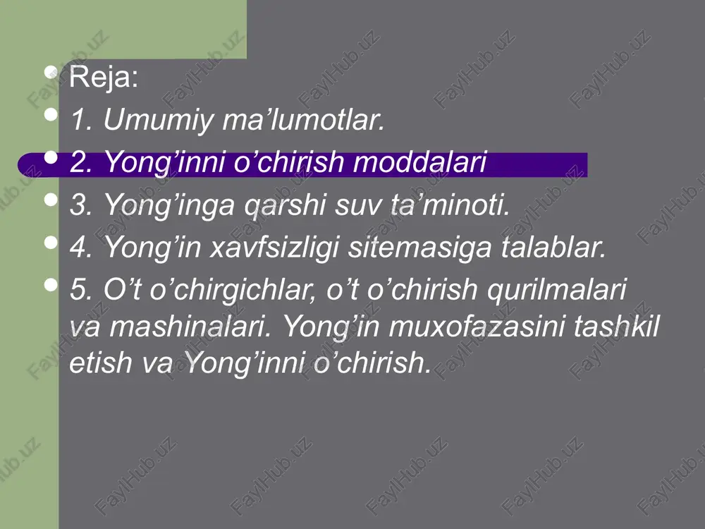 sos va avtoidishlardan foydalanganda 200 m, uzatma nasoslardan foydalanganda 100 m, bir o’qli pritsep motopompalaridan foydalanganda 150 m gateng qabul qilinadi. bitta idishda 100 m3 sig’imgacha bo’lgan suv zahirasi dahlsiz saqlanadi. yong’in xavfsizligi sistemasiga talablar yong’inni oldini olish sistemasi - yong’in sodir bo’lish sharoitlarini bartaraf etishga qaratilgan tashkiliy tadbirlar va texnik vositalar majmuidir. ushbu tadbirlar ishlab chiqarishda iloji boricha yonmaydigan va qiyin yonadigan materiallardan foydalanish texnologik jarayonlarni maksimal darajada mexanizatsiyalash va avtomatlashtirish, yong’in xavfi bo’lgan qurilmalar o’rnatilgan xonalarni yonmaydigan moddiylar bilan boshqa xonalardan ajratish yoki bunday qurilmalarni mumkin qadar tashqarida o’rnatish, yonuvchi moddalar uchun germetik idishlar va jihozlardan foydalanish, bino havosining tarkibidagi yonuvchi gaz, bug’ va changlar miqdorini ruxsat etilgan darajada saqlash, isitish jihozlaridan to’gri foydalanish va boshqalar orqali amalga oshiriladi. har qanday ishlab chiqarishda yong’inga olib keluvchi manbaning hosil bo’lishini oldini olish esa, ishlab chiqarishda yong’in manbasini hosil qilmaydigan mashinalar, mexanizmlar va jihozlardan foydalanish, mashina va mexanizmlardan foydalanish qoidalari …