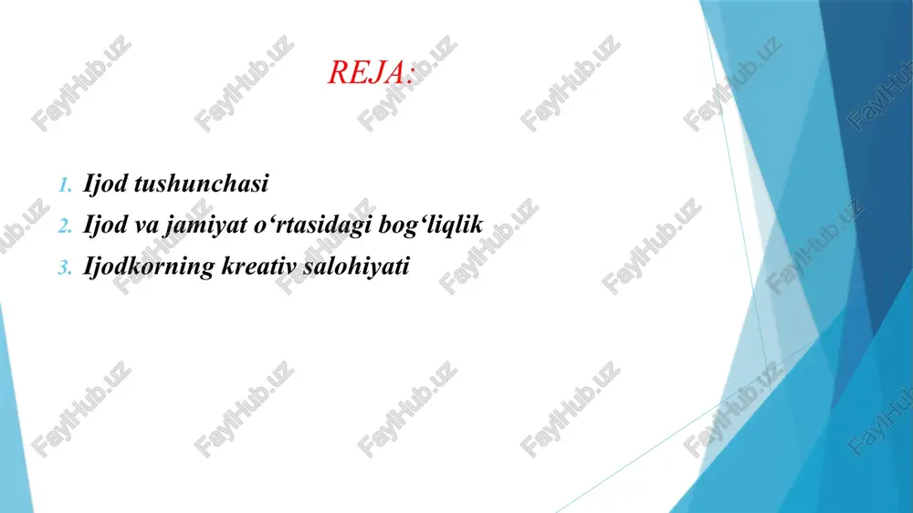 aydi. shu sababli ijod jarayoni ko‘pincha “ichki dunyo va tashqi haqiqat o‘rtasidagi dialog” sifatida talqin qilinadi. ijod jarayoni adib uchun faqat asar yozishdan iborat emas, balki ruhiy, intellektual va ma’naviy faollikning kompleks tizimi hisoblanadi. bu jarayon quyidagi bosqichlarni o‘z ichiga oladi: kuzatish va tajriba yig‘ish – adib o‘z atrofidagi hayotiy voqealarni, insoniy xulq-atvorlarni va tabiatni kuzatadi. shu bosqich ijodkorning obraz yaratish qobiliyatini shakllantiradi. ilhom va g‘oya shakllanishi – bu bosqichda adibning ichki hissiyotlari va tashqi voqelik uyg‘unlashadi. ilhom ko‘pincha kutilmagan shakllarda paydo bo‘ladi. asar strukturasini qurish – mavzu, syujet va obrazlar tizimi shakllanadi. bu bosqichda ijodkorning tafakkuri, estetika didi va nazariy bilimlari rol o‘ynaydi. til va uslub ustida ishlash – adib o‘z ifodasini mukammallashtiradi, so‘z boyligini, metafora va ritmni tanlaydi. tahrir va ijodiy mukammallik – asar bir necha marta qayta ishlanadi, ortiqcha va noaniq elementlar chiqariladi, ma’no chuqurlashtiriladi. ijodkorning muammolari ikki asosiy yo‘nalishda ko‘riladi: shaxsiy muammolar: ichki konfliktlar – ijodkor …