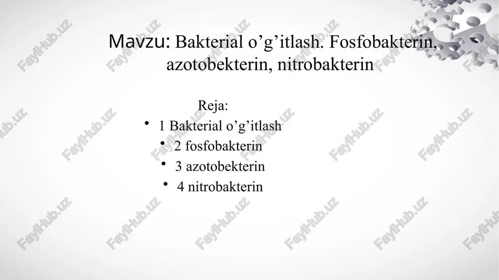rda yaxshi samara beradi. azotobakterin, azotogen – tar-kibida mikroorganizmlar (azotobakter) boʻlgan bakterial oʻgʻit; azotobakter at-mosferadagi azotni oʻzlashtirib, uni oʻsimlik oson oʻzlashtira oladigan shak-lga aylantirib beradi. tuproqli a. (bunda neytral tuproq substrat vazifa-sini oʻtaydi) hamda agarli a. (substrat – agar-agar) farq qilinadi. tuproqli a. qoʻllaniladigan joyda tayyorlanadi. buning uchun a. chirindi moddasiga boy boʻlgan tomorqa yoki bogʻ tuprogʻida koʻpaytiriladi. a. maxsus zavod va laboratoriyalarda torfli, chirindili yoki agarli pre-parat holida tayyorlanadi. a. dukkaksiz oʻsimliklarning azotli oziqlanishini yaxshilash uchun madaniylashgan, neytral reaksiyali hamda tarkibida yetarli miqdorda fosfor boʻlgan tuproqqa urugʻlik bilan birga solinadi. 1 ga yerga sarflanadigan urugʻlik normasiga 3–6 kg a. qoʻshiladi (qarang azot toʻplovchi mikro-organizmlar, bakterial oʻgʻitlar). nitrofoska — tarkibida azot, fosfor, kaliy boʻlgan murakkab mineral oʻgʻit. unda 12% dan azot, fosfor va kaliy bor. n. fosfor xom ashyosi (apatitlar yoki fosforitlar)ni nitrat kislota bilan parchalab, unga kaliy xlorid qoʻshib donadorlash va quritish yoʻli bilan ishlab chiqariladi. gʻoʻzaga samaradorligi oddiy …