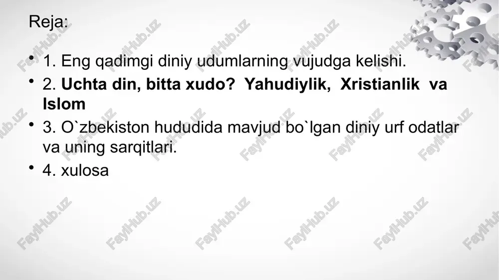 ida g`ayritabiiy aloqa, qon-qarindoshlik bor degan e`tiqodga asoslanadi. hayvonlar, o`simliklar, jonsiz predmetlar totem hisoblangan. totemlar (ko`pincha hayvonlar) ov qilinmagan, o`ldirilmagan, go`shti yeyilmagan, ular go`yo kishilarning qudratli himoyachisi hisoblangan. qabila, urug` har bir a`zosining hayoti va farovonligi totemga bog`liq deb qaralgan. ular o`z totemini qarindoshi, akasi, otasi, do`sti deb hisoblagan. har bir qabila, urug` o`z totemining nomi bilan atalgan. totemistik e`tiqod va marosimlar muayyan ko`rinishda ko`p xalqlarda, ayniqsa, avstraliyadagi qabilalarda saqlanib qolgan. fiteshizm (portugalcha fetico, fransuzcha fetiche - sehrli narsa, tumor) - g`ayritabiiy xususiyatlarga ega deb hisoblanadigan jonsiz narsalar - fetishlarga sig`inish. sig`inish obyektlari, yani fetishlar - tosh, tayoq, ko`zmunchoq, tumor va har qanday buyum bo`lishi mumkin. fiteshizm dinining qadimgi unsurlaridan biri. barcha ibtidoiy xalqlarda bo`lgan. rigveda - qadimgi hindiston yozma adabiyotining qadimgi yodgorligi – vedalarning bir qismi. vedalar 4 ta qismdan: “rigveda” (qasida, madhiya, duolar to`plami), “samaveda” (qo`shiqlar to`plami), “ayurveda” yoki “yajurveda” (qurbonlik qilish yo`llari), “atharvaveda” (sehrli duolar to`plami) yetib …