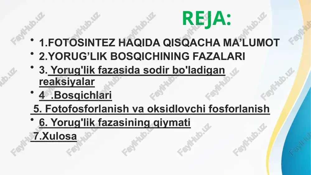 giyasi(energiya konvertatsiyasi elektronlar va vodorod protonlarining tilakoid membranasi orqali maxsus tashuvchilar yordamida o'tishi bilan bog'liq). 3. boshlovchi moddalar: suv, vodorod tashuvchisi nadp 4. yakuniy mahsulotlar: atp, o 2, nadp-qaytarilgan. fotosintezning asosiy pigmentlari turli xil xlorofilllardir. ularning molekulalari ma'lum, qisman turli xil yorug'lik spektrlarining nurlanishini ushlaydi. bunday holda, xlorofill molekulalarining ba'zi elektronlari yuqori energiya darajasiga o'tadi. bu beqaror holat bo'lib, nazariy jihatdan elektronlar xuddi shu nurlanish orqali tashqaridan olingan energiyani kosmosga berishi va oldingi darajaga qaytishi kerak. biroq, fotosintetik hujayralarda qo'zg'atilgan elektronlar qabul qiluvchilar tomonidan ushlanadi va ularning energiyasi asta-sekin kamayishi bilan tashuvchilar zanjiri bo'ylab uzatiladi. tilakoid membranalarda yorug'lik ta'sirida elektronlar chiqaradigan ikki turdagi fototizimlar mavjud. fototizimlar asosan xlorofill pigmentlaridan iborat murakkab kompleks boʻlib, reaksiya markazidan elektronlar ajralib chiqadi. fototizimda quyosh nuri juda ko'p molekulalarni ushlaydi, ammo barcha energiya reaktsiya markazida to'planadi fototizim i elektronlari tashuvchilar zanjiridan o'tib, nadp ni tiklaydi. ii fototizimdan ajralgan elektronlarning energiyasi atp sinteziga sarflanadi. ii fototizimning …