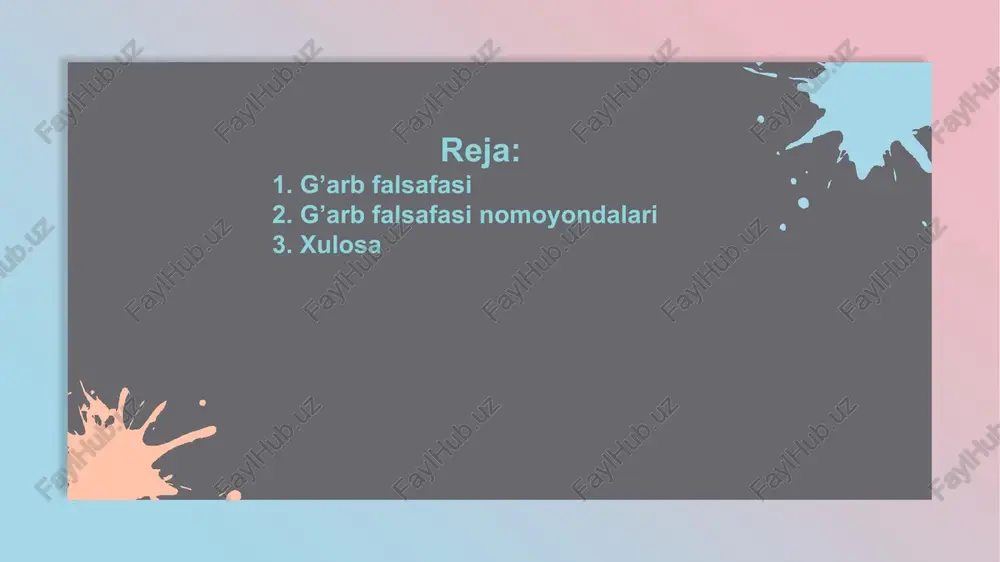 ktikasini pifagor maktabi rad etdi.milet faylasuflari dunyoning asosiga materiyani qo'ysalar, pifagor maktabi esa sezish mumkin bo'lmagan abstrakt raqamnisonni qo'yadi. bu idealistik falsafa stixiyali materializmga qarshi chiqdi. bunga sabab, jarayonning qiyinchiliklari natijasi edi. eramizdan avval 585- 525-y. pifagor, (eramizdan oldin 576-496) yashagan. pifagor maktabi matematika bilan qiziqqani uchun tabiat qonuniyatining miqdoriy xususiyatlarini anglashga qaratdi. bu maktab g'oyalarida idealistik diniy falsafiy qarash bilan ilmiy tafakkur elementlari uchraydi. pifagorchilar o'zlarining ta'limotlarida dunyoqarash sohasi bilan miqdor kategoriyasini kiritdilar. afina faylasuflari materiyaning ichki tuzilishi, moddiy elementlar xarakterini. uning rivoilanish sabablarini tushuntirishga uringanlar. eramizdan oldin 576-496 qadimgi grek falsafasini rivojlantirishda sokrat alohida o'rin tutadi. u miloddan avvalgi 469-yilda tug'ilib 399-yilda vafot etgan. uning ta'limotida ham epistemologik (epistemologiya-bilim, uning tuzilishi, tuzilmasi va rivojlanishini o'rganadigan falsafiymetodologik ta'limot) va etnik-siyosiy muammolar markaziy o'rinni olgan. u sofistlarning ko'p qarashlarini rad qilgan. uning falsafasida umumiy ne'mat-(oliy ezgulik) va adolat hisoblanadigan qadriyatlar va me'yorlar mavjud. sokrat falsafaning bilish muammosini hal etishga intildi. …
