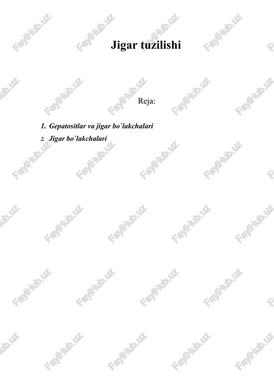 hi (glyukoneoneogenez); toksinlar (zaharli moddalar, dorilar) ni neytrallanadi; ■ aminokislotalarni dezaminizasiya yo`li bilan mochevinaga aylantiriladi; glyukozani glikogenga aylantirish va uni zahira holda saqlanishi; trigliseridlarni ham mayda tomchilar holida to`planishi; vitamina a (yulduzsimon hujayralarda) va boshqa yog`da eruvchi vitaminlarni to`plash; eskirgan eritrositlarning (maxsus makrofaglar yoki kupfer hujayralari tomonidan) parchalanishi; temirni ferritin oqsili bilan kompleks hosil qilgan holda to`planishi. gepatositlar va jigar bo`lakchalari gistologik tomondan jigar to`qimasining tuzilishi va qon bilan ta`minlanishi o`ziga xos noyob bo`lib, gepatositlar tomonidan turli - tuman ekzokrin va endokrin vazifalarini bajarishga moslashgandir. gepatositlar yirik kubsimon yoki ko`p burchakli shaklga ega bo`lgan hujayralar bo`lib, markazida katta dumaloq yadro tutadi. eozinofil sitoplazmasi mitoxondriyalarga boy. hujayralar ko`pincha ikki yadroli bo`lib, ularning 50%ga yaqinida xromosomalar to`plami ikkidan sakkiz marotabagacha normadan tashqari ko`proq bo`lib, ya`ni poliploid hisoblanadi. jigar parenximasi mingga yaqin mayda bo`lakchalardan tashkil topgan (o`lchamlari ~ 0,7×2 mm 50-rasm). ushbu bo`lakchalarda gepatositlar yuzga yaqin doimiy bo`lmagan plastinkalar hosil qilib joylashgan. plastinkalar …