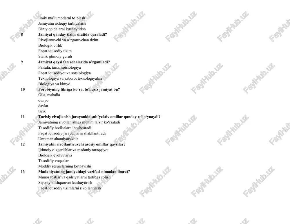 iyot biologik evolyutsiya tasodifiy voqealar moddiy resurslarning ko‘payishi 13 madaniyatning jamiyatdagi vazifasi nimadan iborat? munosabatlar va qadriyatlarni tartibga solish siyosiy boshqaruvni kuchaytirish faqat iqtisodiy tizimlarni rivojlantirish ijtimoiy guruhlarni bo‘lish 14 qaysi jamiyat to‘liqsiz hisoblanadi? bir oila, qishloq yoki ovul shahar yoki milliy birlik xalqaro sivilizatsiya umumiy madaniy jamiyat 15 jamiyatning paydo bo’lishi qanday omillarga asoslanadi? mehnat va muloqotga tasodifiy hodisalarning birlashuviga biologik evolyutsiya natijasiga tabiiy resurslarning mavjudliga 16 forobiyning jamiyat haqidagi qarashlari nimaga asoslanadi? to‘liq va to‘liqsiz jamiyatlarga ajratishga faqat diniy tamoyillarga moddiy resurslarga tayanishga texnologik imkoniyatlarga 17 madaniy jarayonlarning jamiyat rivojlanishidagi roli nimadan iborat? xulq-atvor me’yorlari va o‘zaro munosabatlarni shakllantirish faqat moddiy boyliklarni oshirish siyosiy hokimiyatni kuchaytirish biologik ehtiyojlarni qondirish 18 falsafaning vazifasi jamiyatni qanday tahlil qilishdan iborat? umumiy tamoyillar va qonuniyatlar orqali texnologik rivojlanish darajasiga ko‘ra faqat tarixiy hujjatlar asosida subyektiv mulohazalar yordamida 19 forobiyning fikriga ko‘ra, to‘liq jamiyatning birinchi bosqichi nima? shahar jamiyati oila milliy birlik qishloq …