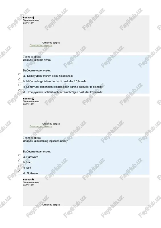 oprosa aplication programm pascageni ma’nosi? viberite odin otvet: a. sistemaviy dasturiy ta’minot b. tizimli dasturiy ta’minot c. dasturlash texnologiyasining uskunaviy vositalari d. amaliy dasturiy ta’minot vopros 12 poka net otveta ball: 1,00 otmetit vopros redaktirovat vopros tekst voprosa tizimli dasturiy ta’minotning tarkibiy qismlari? viberite odin otvet: a. yordamchi dasturiy ta’minot b. bazaviy dasturiy ta’minot c. asosiy dasturiy ta’minot, yordamchi dasturiy ta’minot d. xizmat ko’rsatuvchi dasturiy ta’minot _1544007489.unknown _1544007497.unknown _1544007501.unknown _1544007503.unknown _1544007504.unknown _1544007502.unknown _1544007499.unknown _1544007500.unknown _1544007498.unknown _1544007493.unknown _1544007495.unknown _1544007496.unknown _1544007494.unknown _1544007491.unknown _1544007492.unknown _1544007490.unknown _1544007473.unknown _1544007481.unknown _1544007485.unknown _1544007487.unknown _1544007488.unknown _1544007486.unknown _1544007483.unknown _1544007484.unknown _1544007482.unknown _1544007477.unknown _1544007479.unknown _1544007480.unknown _1544007478.unknown _1544007475.unknown _1544007476.unknown _1544007474.unknown _1544007465.unknown _1544007469.unknown _1544007471.unknown _1544007472.unknown _1544007470.unknown _1544007467.unknown _1544007468.unknown _1544007466.unknown _1544007461.unknown _1544007463.unknown _1544007464.unknown _1544007462.unknown _1544007457.unknown _1544007459.unknown _1544007460.unknown _1544007458.unknown _1544007455.unknown _1544007456.unknown _1544007453.unknown _1544007454.unknown _1544007451.unknown _1544007452.unknown _1544007450.unknown