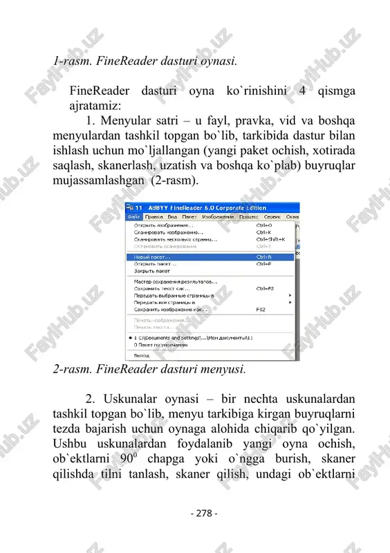 . eskizda tanlangan bet dasturning asosiy ishchi oynasida kattalashgan holda hosil bo`ladi va undagi ob`ektlarni taxrirlash imkoni tug’iladi . 4-rasm. ob`ekt eskizlari oynasi. 4. asosiy ishchi oyna – unda skanerlangan ma`lumot hosil bo`ladi. oynada ichki uskunalar paneli mavjud bo`lib, ular yordamida ma`lumotlarni turli ko`rinishlari (tekst, rasm, jadval) belgilab olinadi va ob`ekt sifatida aniqlanadi. buning uchun ma`lumotga mos ob`ekt turi tanlanadi. masalan ma`lumotimiz tekst bo`lsa uskunalar panelidan yashil rangdagi t harfini tanlab ishchi oynadagi tekst ajratilib belgilanadi. shu tarzda skanerlangan barcha betlardagi ma`lumotlarni eskizlar oynasidan tanlab, undagi ob`ektlarni asosiy ishchi oynada uskunalar paneli yordamida ajratib belgilab chiqiladi (5 - rasm) [5]. 5-rasm. asosiy ishchi oyna. acrobat reader bu dastur yordamida pdf (portable document format — ko’chma formatdagi hujjat) kengaytmali fayllarni o’qish, yo’llash (navigatsiya qilish), printer orqali chop yetish mumkin, bu fayllarni ko’pincha internet tarmog’ida chet el universitetlari, kompaniyalar, firmalarning web saytlarida uchratash mumkin. bu dastur 20 yaqin fayllarni o’qiy oladi. ular …