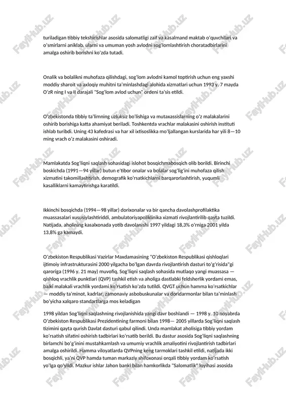 pidemiologiya stansiyalari va aholi oʻrtasida sogʻlom turmush tarzini shakllantirishning tashkiliyuslubiy va muvofiklashtiruvchi ishlarini olib boradigan "salomatlik" markazlari bu vazifani amalga oshirmoqsa. respublikada "salomatlik" instituti, uning viloyatlar va shaharlardagi shoxobchalari radio va televideniye hamda matbuotdan foydalangan holda aholi oʻrtasida sanitariyagigiyenaga oid bilimlarni keng targʻib qilib boradi. bolalarga ixtisoslashgan tibbiy yordam beruvchi muassasalar tarmogʻi barpo etildi. respublikada ishlab chiqilgan "sogʻlom avlod uchun" dasturi avvalo muntazam oʻtkazib turiladigan tibbiy tekshirishlar asosida salomatligi zaif va kasalmand maktab oʻquvchilari va oʻsmirlarni aniklab, ularni va umuman yosh avlodni sogʻlomlashtirish choratadbirlarini amalga oshirib borishni koʻzda tutadi. onalik va bolalikni muhofaza qilishdagi, sogʻlom avlodni kamol toptirish uchun eng yaxshi moddiy sharoit va axloqiy muhitni taʼminlashdagi alohida xizmatlari uchun 1993 y. 7 mayda oʻzr ning i va ii darajali "sogʻlom avlod uchun" ordeni taʼsis etildi. oʻzbekistonda tibbiy taʼlimning uzluksiz boʻlishiga va mutaxassislarning oʻz malakalarini oshirib borishiga katta ahamiyat beriladi. toshkentda vrachlar malakasini oshirish instituti ishlab turibdi. uning 43 kafedrasi …