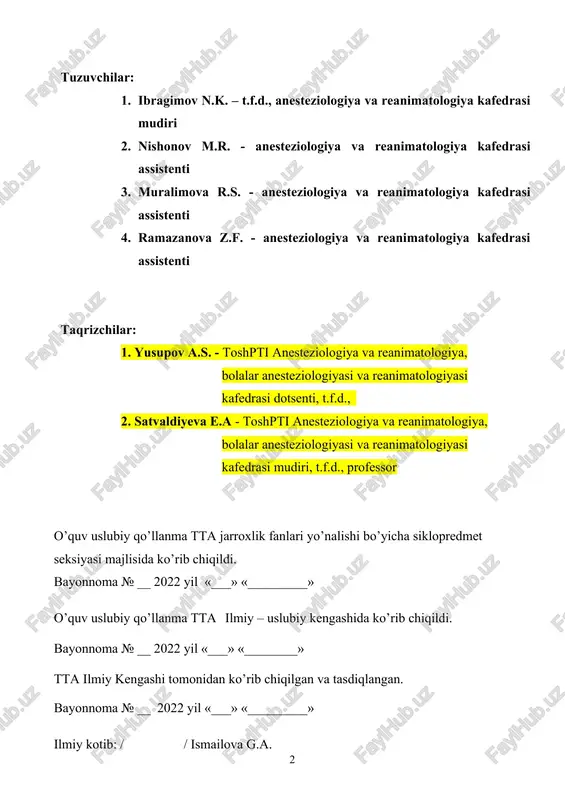 kov v.e. darslik. m, kriticheskie i neotlojnie sostoyanie v meditsine. 2003. 5. eshonov o. s. darslik. anesteziologiya va reanimatologiya. t. med. 2010. 6. sobirov j. m., otaxonov sh. e. darslik. shoshilinch xolatlar. t. med. 2006. 7. sumin s. a. darslik. neotlojnie sostoyaniya. m. med. 2002. 1.3.baholash mezonlarini aytadi. tinglaydilar, yozib oladilar. aniqlashtiradilar, savollar beradilar. 2-bosqich (asosiy qism)- 210 daqiqa. 2.1.tezkor –so’rov(savol-javob), aqliy hujum va interfaol usullar orqali bilimlarni faollashtiradi. 2.2.amaliy mashg’ulotning rejasi va tuzilishiga muvofiq ta’lim jarayonini tashkil etish bo’yicha harakatlar tartibini bayon qiladi. javob beradilar. yozadilar. guruhlarda ishlaydilar, taqdimot qiladilar. 3-bosqich (yakunlovchi qism)- 15 daqiqa. 3.1.mavzu bo’yicha yakun qiladi, qilingan ishlar- ning kelgusida kasbiy faoliyatlarida ahamiyatga ega ekanligi muhimligiga talabalar e’tiborini qaratadi. 3.2.guruhlar ishini baholaydi, o’quv mashg’ulotining maqsadga erishish darajasini tahlil qiladi. 3.3.mutsaqil ish uchun topshiriq beradi va uning baholash mezonlarini etkazadi. o’z-o’zini, o’zaro baholashni o’tkazadilar. savol beradilar.topshiriqni yozadilar. 1.mashg’ulotning o’tkazish joyi, jihozlash: · -tta ktk 1- xr, 2- …