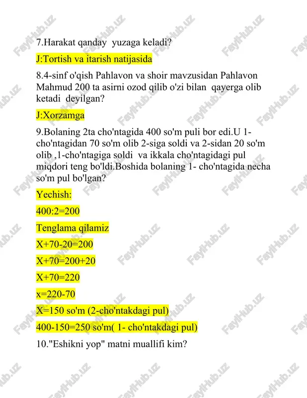 yerga talofat yetkazadimi? (yo'q .yer sharini o'rab turgan havoda yo'q bo'lib ketadi) 16.hunarmandchiligimiz so'zida nechta qo'shimcha bor? j:hunar+mand+chilik+imiz 3ta 17.qaysi biri metalga kirmaydi? a) oltin b) kumush c) torf (yonuvchi) d) mis 18.vaqting ketdi,naqding ketdi matnida kim kompyuter xonasini ochdi? j:foydaxo'r 18.matematika metodikasi haqida 1-bo;ib yozgan olim kim? j:pestalosi 19. 550 ming oylik olardi, 4 %ga oshirilsa necha so'm oladi? nechaga teng? j: 550000:100x4=22000 550000=22000=572 ming bo'ldi 20.chilangarlik asboblari(metallga ishlov berish) drel,bolg'a,ombir,zubila,egov 21. duradgorlik asboblari:( yog'ochga ishlov berish) arra,randa bolg'a,iskana 22.o'lchash-belgilash asboblari: shtangensirkul,nutrometr,mikrometr,taxlama metr,chizg'ich 23.qurilish asboblari : iskana katta bolg'a,perfarator,iskana,elektrparma 24.ot+ot qolipida yasalgan otni toping: qo'y-qo'zi... 25.zog'ora non kimning laqabi? j:jepetto 26.nima uchun jepettoga zog'ora non laqabini qo'yishgan? j:boshidagi parigi sap-sariq zog'ora nonga o'xshagani uchun 27.nima uchun antonioga usta olcha laqabini qo'yishgan? j: burnining uchi g'arq pishgan olchaga o'xshagani uchun 28.model nima? j: model-bu buyumning qurilmasi va ishlash prinsipini namoyish qilish uchun mo'ljallangan uning kichraytirilgan yoki kattalashtirilgan nusxasi.modellar harakatlanuvchi va …