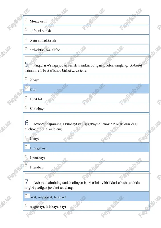 asturlash tilida) 24 25 22 23 16 microsoft excel dasturida quyidagi formulaning natijasini toping: =srznach(koren(16); 2; dlstr(3,1415)) 6 5 4 3 17 ikkilik sanoq sistemasidan sakkizlik sanoq sistemasiga o‘tkazishni bajaring: 10110 16 52 26 b0 18 ms excelda ili(25-koren(36) =1; tseloe(81/3)>=-1) funksiya natijasini aniqlang. loj 0 istina 1 19 web-sahifaning body tegida fonga rasm joylashtirish uchun qanday parametr ishlatiladi? background textcolor textbackground bgcolor 20 html tilidagi web-sahifada ta’riflash ro‘yxatini hosil qilish uchun qanday teg ishlatiladi? 21 paskal tilidagi dastur lavhasi bajarilganda m o`zgaruvchining qiymatini aniqlang: x:=-1; y:=0; a:=0.1; if ((sqr(x)-y) true 1 false 0 22 kompyuterdagi command.com faylining vazifasi nimadan iborat? foydalanuvchi buyruqlarini bajarish operatsion sistemani faollashtirish matnli faylni hosil qilish ma’lumotlarni kiritish-chiqarish qurilmalarini faollashtirish 23 noto‘g‘ri mulohazani aniqlang birinchi analitik (ayirmali) mashinani charlz bebbij yaratgan birinchi ehm nomi eniac bo‘lgan birinchi ehm avlodlari tranzistorlar asosida ishlangan birinchi integral sxema mantiqiy elementlardan tuzilgan 24 turli sanoq sistemalarida berilgan sonlarni osish …