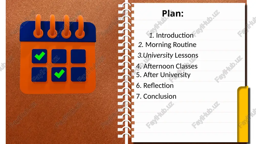practiced speaking about weekend plans. second lesson: math – a bit difficult, but i took good notes. short break: shared snacks and laughed with classmates. 2. morning routine wake up at 6:30 a.m. and get ready for school. have a light breakfast and walk to school with friends. enjoy the fresh morning air and friendly conversations. 1. introduction being a student means having busy but meaningful days. every day brings new lessons, challenges, and experiences. i try to balance studying, relaxing, and spending time with friends. plan: 1. introduction 3.university lessons 2. morning routine 4. afternoon classes 5. after university 6. reflection 7. conclusion 5. after university went home and had lunch. took a short nap to refresh my mind. did homework and reviewed lessons. helped my parents with small household chores. 4. afternoon classes science and computer studies in the afternoon. learned how to make simple presentations on the …