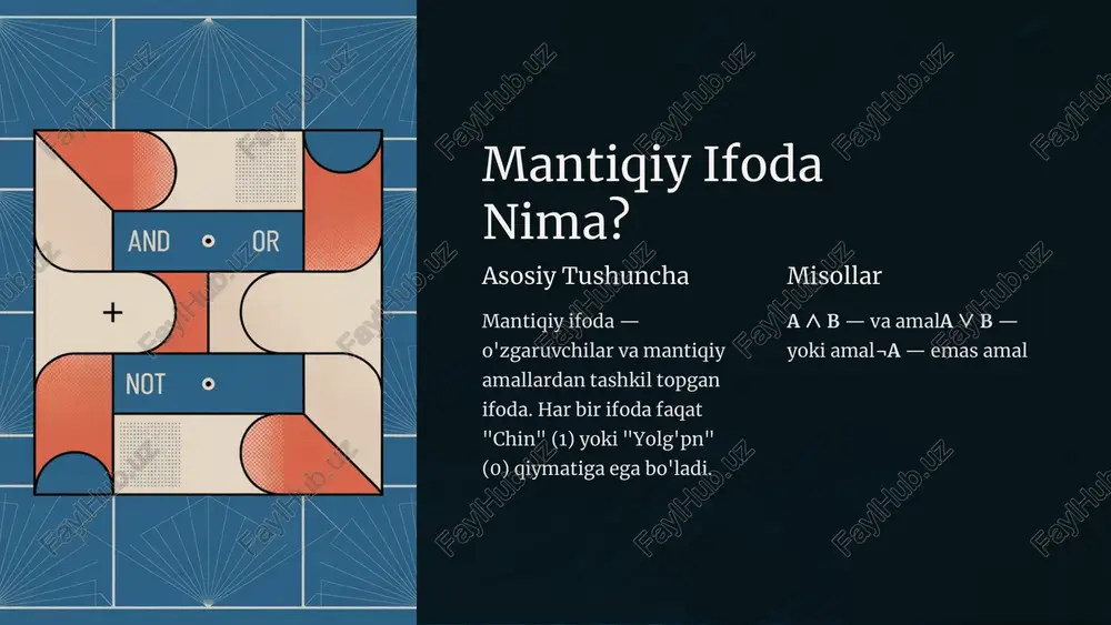 sor) https://gamma.app/?utm_source=made-with-gamma mantiqiy amallarning ahamiyati mantiqiy amallar raqamli texnologiyalarning asosiy poydevori hisoblanadi: protsessor opera​tsiyalari barcha cpu hisob-kitoblar mantiqiy amallariga asoslanadi ma'lumot emalash bazalarda qidiruv va filtrlash mantiqiy shartlar bilan sodir bo'ladi sun'iy intellekt mashinali o'qitish mantiqiy qarorlar va neyron tarmoqlarida foydalaniladi https://gamma.app/?utm_source=made-with-gamma xulosa murakkab mantiqiy ifodalar — informatikaning asosiy kontseptsiyasi. rostlik jadvallari va sxemalar butun raqamli texnologiyalarning temeliga asoslanadi. rahmat e'tiboringiz uchun!