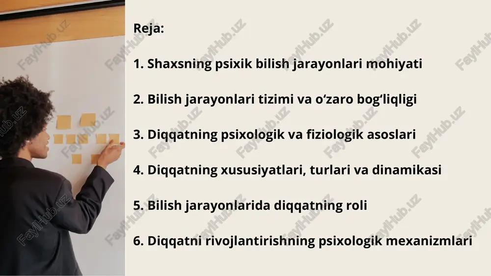 bosqich murakkablashadi. masalan, diqqat va xotira idrok bilan chambarchas bog‘langan. shuningdek, l. s. vygotskiy (1934) bu jarayonlarni ijtimoiy tajriba va til orqali shakllanadigan tizim deb tushuntirgan. 3. diqqatning psixologik va fiziologik asoslari diqqatning psixologik mohiyati diqqat — bu ongning ma’lum bir ob’ektga yo‘naltirilganligi va shu ob’ektga barqaror qaratilgan holatidir. w. james (1890) diqqatni “ongni bir vaqtning o‘zida cheklangan narsa ustiga qaratish” deb ta’riflagan. u diqqatni ixtiyoriy va ixtiyorsiz turlarga ajratgan va ularni ongni boshqarish mexanizmi deb ko‘rsatgan. diqqatning fiziologik asoslari i. p. pavlov (1903) diqqatning fiziologik mexanizmini bosh miya po‘stlog‘idagi qo‘zg‘alish va tormozlanish o‘choqlari bilan bog‘lagan. u “oriyentirov refleks” (yo‘nalish refleksi) tushunchasini kiritib, diqqatni markaziy nerv tizimining tabiiy javobi sifatida izohladi. keyinchalik a. r. luriya (1962) diqqatni miya faoliyatining funktsional tizimlari bilan bog‘lagan. 4. diqqatning xususiyatlari, turlari va dinamikasi diqqatning asosiy xususiyatlari diqqatning asosiy xususiyatlari — barqarorlik, hajm, taqsimlanish, ko‘chuvchanlik va tanlovchanlik. n. f. dobrynin (1956) ta’kidlashicha, bu xususiyatlar insonning …