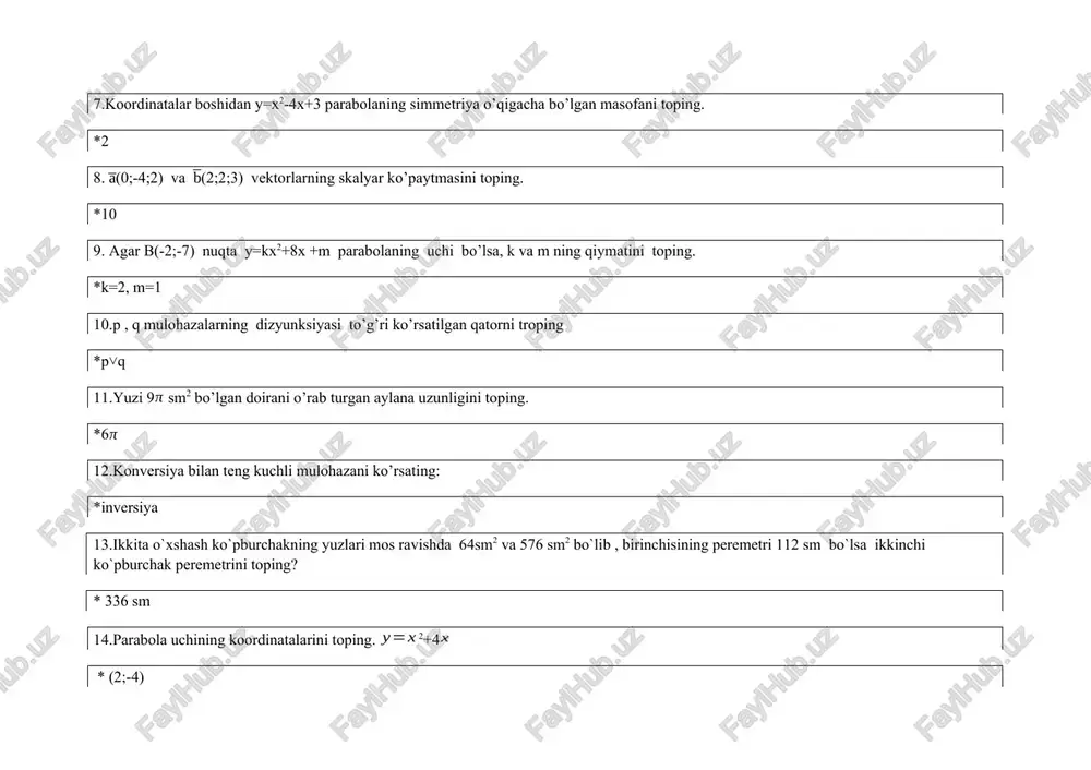issali nuqtada o`tkazilgan urinma tenglamasini tuzing *y=35x+30 funksiyaning statsionar nuqtalarini toping *x=-1, x=2 abc uchburchak turioni aniqlang, uning yuzini toping: a(2;4;-1), b(1-1;1;2), c(5;1;2) *teng yonli , teng yonli , teng tomonli , turli tomonli , 30. fan: matematika m.a. mirzaahmedov, sh.n.ismailov, a.q.amanov qiyinchilik darajasi: 1 funksiyaning kamayish oraliqlarini toping *(-1;0) va (0;1) (-2;0) va (0;1) (-1;0) va (0;2) (-3;0) va (0;1) 31. fan: matematika m.a. mirzaahmedov, sh.n.ismailov, a.q.amanov qiyinchilik darajasi: 1 funksiyaning lokal maksimum va lokal minimumlariga uning … deyiladi *ekstremumlari o`sish oralig`i kamayish oralig`i hosilasi 32.fan: geometriya m.a. mirzaahmedov , sh.n. ismailov. qiyinchilik darajasi 3 uchlari a(4;0;1), b(5;-2;1), c(4;8;5) nuqtalarda bo’lgan uchburchakning al bissektrisasi uzunligini toping * 33. fan: matematika m.a. mirzaahmedov, sh.n.ismailov, a.q.amanov qiyinchilik darajasi: 1 koordinatalar tekisliklari fazoni nechta oktantaga bo`ladi *8 5 4 6 34. fan: matematika m.a. mirzaahmedov, sh.n.ismailov, a.q.amanov qiyinchilik darajasi: 1 fazoda …deb yo`naltirilgan kesmaga aytiladi *vektor burchak kollinear simmetriya 35. fan: matematika …