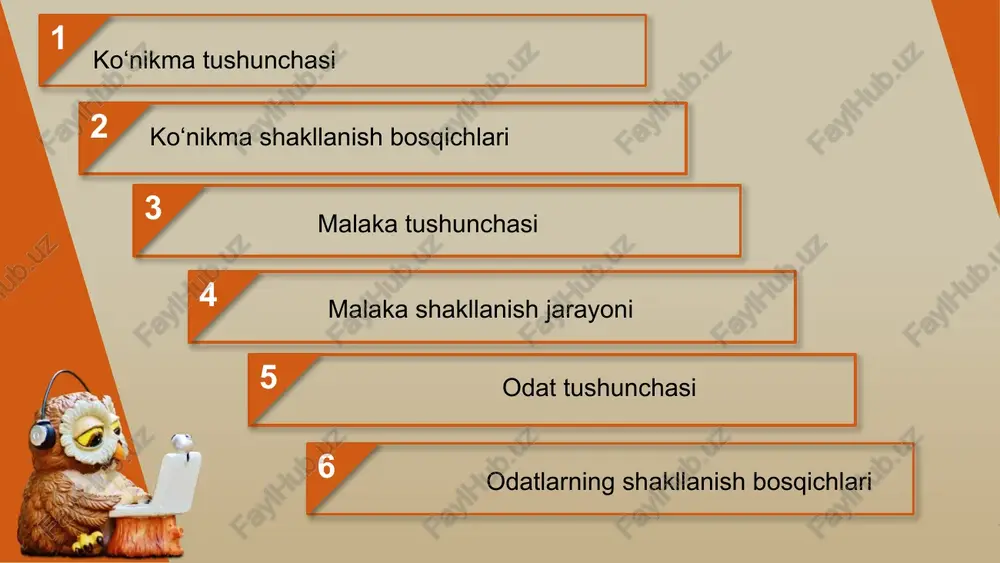 kat ongli nazoratsiz, tabiiy odatga aylanadi. odatlarning shakllanish bosqichlari ko‘nikma, malaka va odat o‘rtasidagi farq 03 01 02 odat takrorlanib boruvchi kundalik xatti-harakat ongsiz ravishda bajariladi ko‘nikma faoliyatni to‘g‘ri bajarish qobiliyati ongli va takroriy mashq orqali shakllanadi malaka avtomatlashtirilgan harakat usuli ko‘p yillik tajriba va mashq natijasi xulosa ko‘nikma, malaka va odat — inson faoliyatining ajralmas psixologik jihatlaridir. ular insonning o‘qish, mehnat qilish, va hayotdagi muvaffaqiyatini belgilovchi asosiy omillardir. shuning uchun har bir inson foydali odatlar hosil qilib, ko‘nikma va malakalarini doimiy ravishda rivojlantirishi zarur. e’tiboringiz uchun rahmat image1.jpg image2.jpg image5.png image6.png image4.png image12.gif image13.gif image14.gif image15.gif image16.gif image17.gif image18.gif image19.gif image20.gif image21.gif image3.png /docprops/thumbnail.jpeg