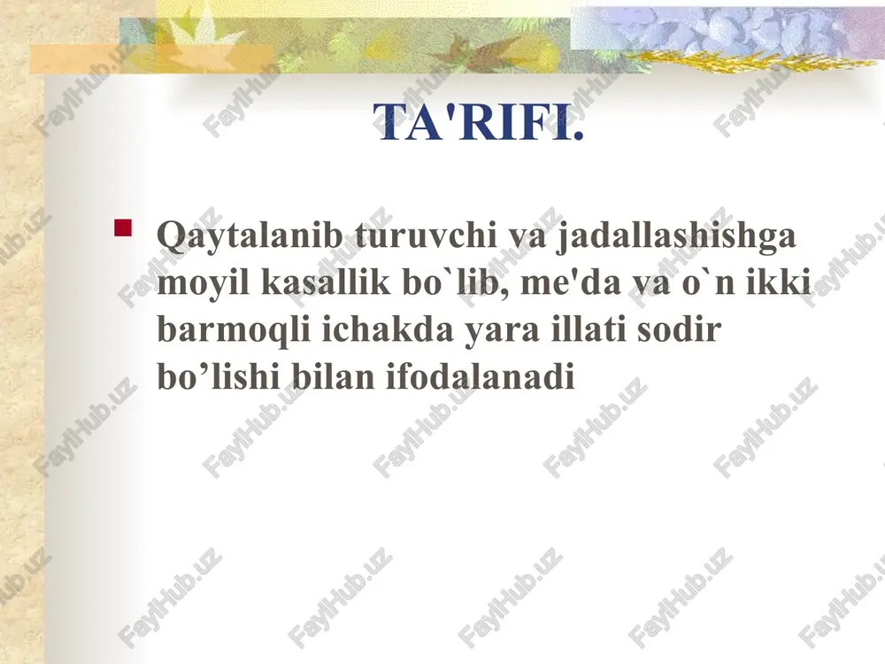 va o`n ikki barmogli ichak shillig’i; (2) sialo va sulfomutsinlar (4) normal maxalliy qon aylanishi tasnifi 1. etiologiyasiga qarab: a) xelikobakter pilori bilan bog’langan. b) xelikobakter pilori bilan bog’lanmagan. 2. joylashishiga qarab: a) me'da yarasi: a) kardiya qismi b) kichik egriligi v) pilorik bo’limi (oshqozonni chiqishi) g) antral bo’limi b) o’n ikki barmoqli ichak yarasi: a) piyozchasida b) piyozchadan tashqari bo’lim (postbulbar) c) me'da va o’n ikki barmoqli ichak yarasining birga mavjudligi 3. yara turiga qarab: a) yakka b) ko’pchilik 4. yara diametriga qarab: a) kichkina diametrli 0,5 sm gacha b) o’rta diametrli 0,5-1sm gacha c) katta diametrli 1,1-2,9sm d) ulkan (juda katta), me'da yarasi uchun 3sm va ortiq, o’n ikki barmoqli ichak yarasi uchun 2sm dan ortiq 5. klinik kechishiga qarab: a) tipik b) notipik - notipik og’riq sindromi bilan - og’riqsiz (lekin boshqa klinik belgilar bilan) - simptomsiz 6. me'daning sekretsiya miqdori bo’yicha: a) baland sekretsiya bilan b) …