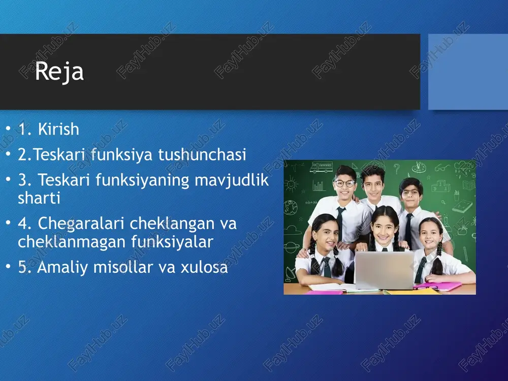ynaydi. cheklangan va cheklanmagan funksiyalar esa funksiya qiymatlarining oraliqdagi o‘zgarish chegaralarini ko‘rsatadi va bu tushunchalar orqali matematik modellarning barqarorligi yoki cheksizligi tahlil qilinadi. mazkur mavzuda funksiyaning teskari funksiyasi, chegarasi hamda cheklanganlik va cheklanmaganlik xususiyatlari haqida asosiy nazariy tushunchalar, ularning amaliy ahamiyati hamda misollar orqali qo‘llanilishi yoritiladi teskari funksiya tushunchasi funksiya y = f(x) berilgan bo‘lsa, uning qiymatlari orqali yangi bog‘lanish hosil bo‘ladi. agar har bir y qiymatiga yagona x qiymat mos kelsa, bu funksiya teskari funksiya deyiladi. teskari funksiya f⁻¹(x) bilan belgilanadi. ta’rif: agar y = f(x) bo‘lsa, u holda x = f⁻¹(y). funksiya teskari funksiyaga ega bo‘lishi uchun, u bir qiymatli (har bir uchun yagona ) va teskari yo‘nalishda ham yagona bo‘lishi kerak. ya’ni, faqat bo‘lsa — bu funksiya teskari funksiya hosil qila oladi. bunga “biror qiymatga ikki xil argument mos kelmasligi kerak” deb ham aytamiz. teskari funksiyaning mavjudlik sharti funksiya bir qiymatli va monoton (o‘suvchi yoki kamayuvchi) bo‘lishi …