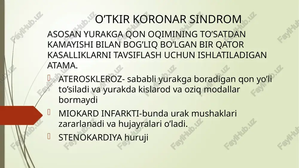 ak kasalxonaga ko’krak qafasida kuchli siquvchi og’riq bilan olib kelingan. anamnez bo’yicha bemor 3 oy avval steonokardiya hurujini o’tkazgan, tekshiruvlarga ko’ra bemor rangi oqargan,qo’l kaftlari nam va sovuq, nisbatan markaziy sianoz bor ekg tahlilariga ko’ra rs-t oraliqni o’rta chiziqdan turg’un ko’tarilgan ssizning dastlabki tashxisingiz; javob;o’tkir koronar sindrom sizning davolash taktikangiz; javob; nitroglitserin purkash,og’riq qoldirish uchun morfin va qon suyultiruvchi antikougulant geparin sizning yakuniy tashxisingiz; javob;miokard infarkti vaziyatli masala-2 56 yoshli ayol nafas qisishi. ko’krak qafasi og’riq va chap yelkasi og’riyotganidan goh gohida bosh aylanishidan shikoyat qildi. anamnez bo’yicha bu holat 2 kundan beri takrorlanyapti.obektiv ko’rikda rangi rangpar,terisi nam,majburiy holatda ekg da rs-t tishlari oraliqni o’rta chiziqdan turg’un ko’tarilishi yangi paydo bo’lgan giss tutami chap oyoqchasi blokadasi bilan qoning biokimyoviy tahliliga ko’ra ast altga nisbatan oshgan. sssizning dastlabki tashxisingiz; javob;q tishchali miokard infarkti sining davo taktikangiz; javob; nitroglitserin, 325mg asperin chaynash,geparin,propronol bemorda yana nima bo’lishi mumkin; javob; bosh aylanishi, kuchli terlash, …