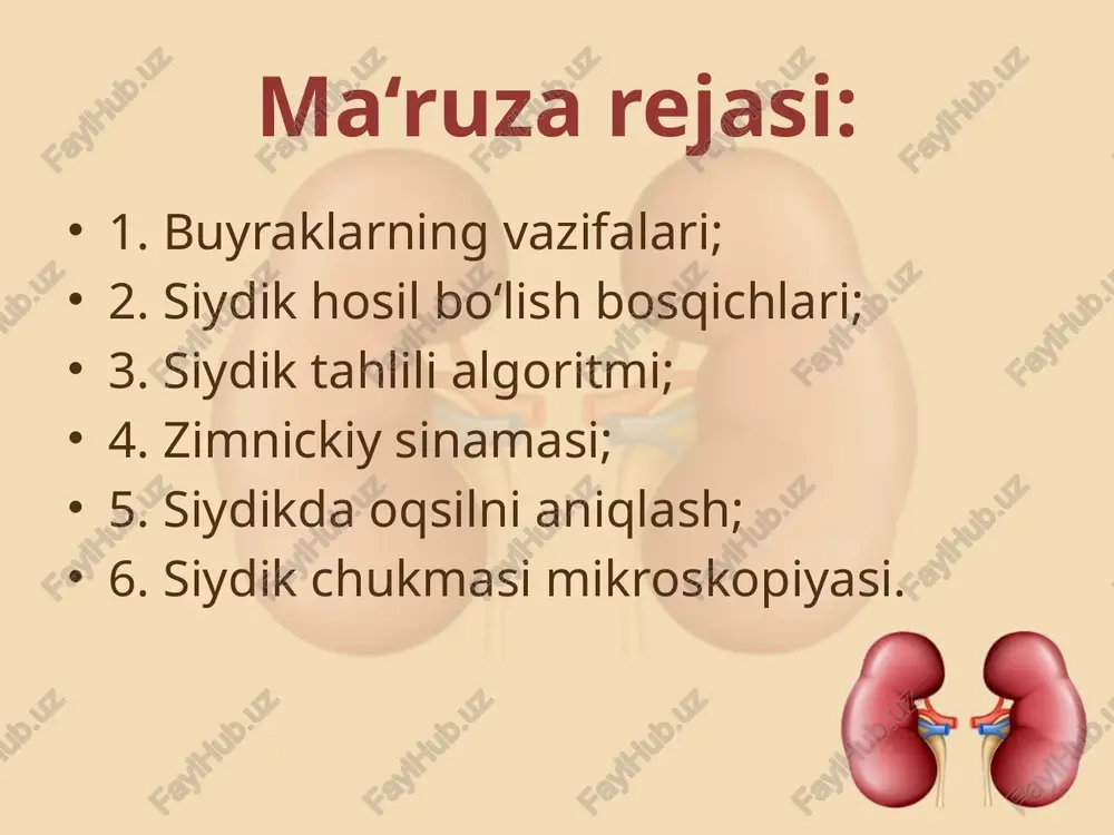 ukmasini mikroskopik tekshirish siydik chukmasida shakllangan va shakllanmagan qismlari ajratiladi/. shakllangan elementlariga- eritrocitlar, leykocitlar, epiteliy va cilindrlar kiradi; shakllanmagan elementlariga- kristall va amorf tuzlar kiradi. leykocitlar: normada mavjud emas yoki ko`ruv maydonida preparatda sanoqli buladi. leykocituriya- ko`ruv maydonida 5 tadan ortiq yoki 2000/ ml bo`lishiga aytiladi. nicheporenko usuli eritrocitlar normada mavjud emas yoki ko`ruv maydonida preparatda sanoqli bulishi mumkin. siydikda eritrocitlar aniqlansa doimiy kuzatuv va qayta tekshiruv talab qilinadi. 3- stakanli sinama tsilindrlar normada siydik chukmasida sanoqli gialin tsilindrlar uchrashi mumkin. siydik tuzlari chukmada tuzlarning uchrashi siydikning phiga bog`liq. kislotali muhitli siydikda siydikchil kislota va gippur kislota, kalsiy fosfat, sulfat kislota kalciyli tuzi uchraydi. amorf fosfatlar, tripelfosfatlar, neytral magniy fosfat, kalciy karbonat, sulfanilamide kristallari ishqoriy muhitli siydikda uchraydi. ishqoriy siydik tuzlarining shakllari kislotali siydik tuzlari buyrak kasalliklariga tashxis quyishning murakkabligi shundaki, buyrak kasalliklari ko'pincha simptomsiz kechib, kompleks laborator tekshirish usullarini qo'llashni talab qiladi. e`tiboringiz uchun raxmat! image2.png image3.jpeg image4.png image5.jpeg …