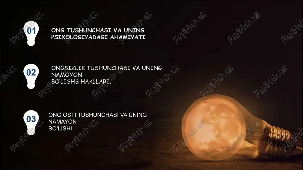o‘llay boshlaydi. • formal operatsiyalar bosqichi (12 yoshdan yuqori) – mavhum fikrlash, gipotezalarni sinash va nazariy tafakkur rivojlanadi. • piaget uchun ong taraqqiyoti asosan kognitiv strukturasi o‘zgarishi orqali kechadi ong taraqqiyotining bosqichlari ilk bolalik davri - bu davrda ongning shakllanishi sezgi va idrok jarayonlari bilan bevosita bog‘liq. piaget nazariyasiga ko‘ra, bola sensor-motor bosqichda bo‘lib, atrof- muhitni asosan sezgi va harakatlar orqali biladi. l.s.vygotskiy ta’kidlaganidek, bu davrda ijtimoiy muhit va kattalar bilan muloqot bola ongini rivojlantirishning asosiy manbai hisoblanadi. til va nutqning rivojlanishi ong taraqqiyotida tub burilish yasaydi maktabgacha yosh - bu davrda ongning rivojlanishida o‘yin faoliyati yetakchi rol o‘ynaydi (d.b. elkonin). bola “ramziy ong”ni rivojlantira boshlaydi: narsalar bilan real emas, balki ramziy munosabatda bo‘ladi (masalan, tayoqni ot deb tasavvur qiladi). piagetning “preoperatsion bosqichi”ga mos keladi. bolaning tafakkuri mantiqiy emas, balki egotsentrik xususiyatga ega bo‘ladi. o‘z-o‘zini anglash, “men” tushunchasi shakllanadi. bu davrda ta’lim faoliyati ong taraqqiyotining asosiy manbai hisoblanadi. piagetga ko‘ra, …