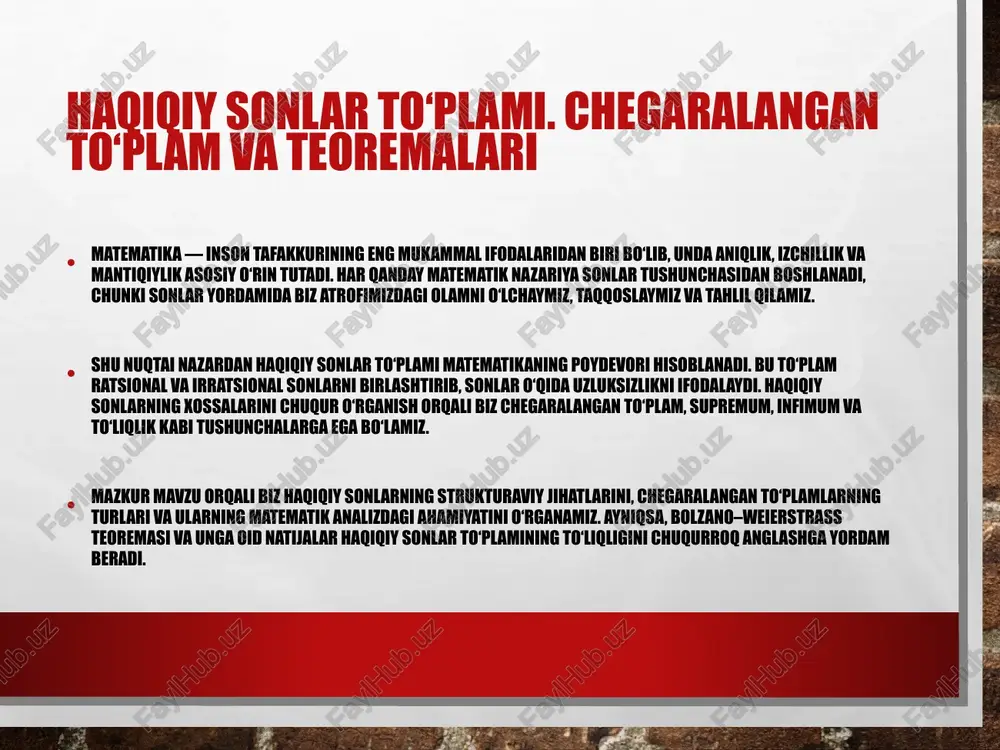 entlari ma’lum son bilan chegaralangan bo‘lsa, u chegaralangan. misol: a = {x ∈ ℝ | 0 ≤ x ≤ 5} chegaralangan to‘plam tushunchasi yuqori chegarasi (supremum): m soni agar: 1. har bir a ∈ a uchun a ≤ m. 2. har qanday m' m' bo‘ladigan a ∈ a mavjud. quyi chegarasi (infimum): m soni agar: 1. har bir a ∈ a uchun a ≥ m. 2. har qanday m' > m uchun a < m' bo‘ladigan a ∈ a mavjud. chegaralangan to‘plamning turlari 1. yuqoridan chegaralangan: yuqori chegarasi mavjud. x 2. quyidan chegaralangan: quyi chegarasi mavjud. x 3. to‘liq chegaralangan: yuqori va quyi chegarasi mavjud. 0<x<98 misollar 1. a = {x | 0 ≤ x ≤ 5} → yuqori chegarasi 5, quyi chegarasi 0 2. b = {x | x < 3} → yuqori chegarasi 3, quyi chegarasi mavjud emas 3. c = (1,4) → supremum 4, infimum 1, lekin …
