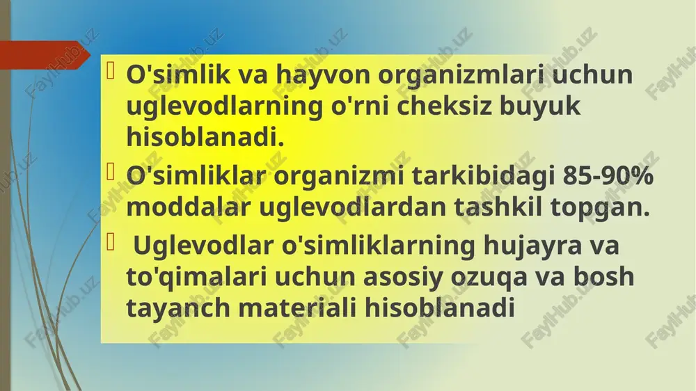 ektin moddalar va boshqalar kiradi. shunday qilib uglevodlarning alohida guruhlarga bo'linish sxemasi quyidagicha bo'ladi. uglevodlar ,monosaxaridlar ,polisaxaridalar 1-chi darajali polisaxaridlar, disaxaridlar, trisaxaridlar, tetrasaxaridlar 1chi va 2chi darajali polisaxaridlar kraxmal. glikogen. kletchatka gelitselyulozalar, pektin moddalar va boshqalar. monosaxaridlar tarkibida al'degid yoki keton gruppasi bo'lishiga qarab al'dozalar va ketozalarga bo'linadi. monosaxaridlarning umumiy xossalari suvda yaxshi, suyultirilgan spirtda qisman eriydigan kristall moddalardir. monosaxaridlar metall oksidlari kabi kuchsiz oksidlovchilar bilan oksidlanganda ularning karbonil gruppasi, karboqsil gruppaga aylanadi. monosaxaridlarning birikishi glikozid gidroksil yoki boshqa gidroksillar orasida bo'lishi mumkin. agar monosaxaridlar glikozid gidroksillari bilan bog'lansa bunday disaxaridlarning qaytaruvchanlik hususiyati bo'lmaydi.(tregaloza, saxaroza). agar bitta monosaxaridning glikozid gidroqsili va ikkinchi monosaxaridning oddiy gidroqsili orqali disaxarid molekulasi hosil bo'lsa, bunday disaxarid qaytaruvchanlik hususiyatiga ega bo'ladi (mal'toza, laktoza,ssellobioza). monosaxaridlarni ko'p atomli spirtlarning hosilalalari sifatida ko'rishimiz mumkin. ko'p atomli spirtlarning eng oddiylaridan biri bu glitserin hisoblanadi. glitserinni oksidlash natijasida 2 ta oddiy monosaxarid olish mumkin. glitserinli al'degid va dioksiaseton, bular tirik …