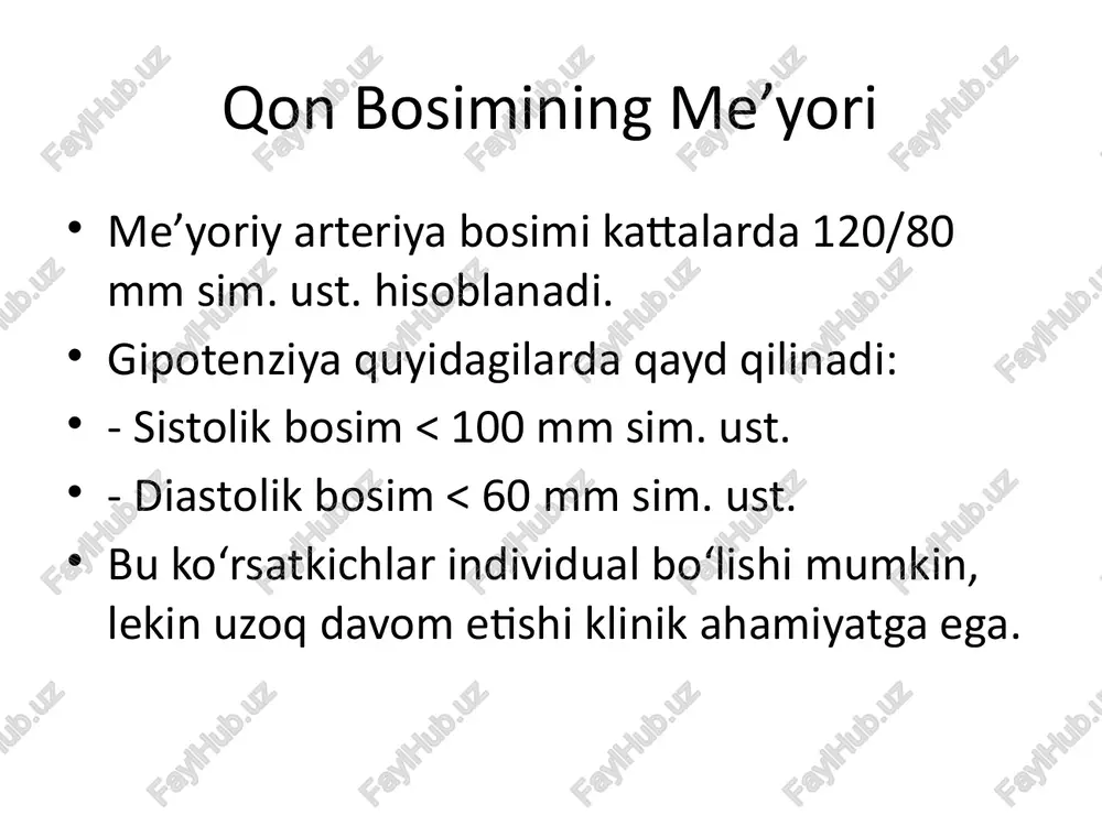 omiopatiya, bradikardiya). - endokrin tizim buzilishlari (gipotireoz, adisson kasalligi). - og‘ir infeksiya va intoksikatsiya. - qon ketish va suvsizlanish. ortostatik gipotenziya yotgan yoki o‘tirgan holatdan birdaniga tik turganda qon bosimi keskin tushishi. patogenez: - venoz qon yurakka yetarli qaytmaydi. - miya qon oqimi vaqtincha kamayadi. belgilar: - ko‘z oldi qorong‘ilashishi. - hushdan ketish. o‘tkir arterial gipotenziya bu hayot uchun xavfli holat hisoblanadi. sabablari: - shok (septik, kardiogen, anafilaktik, travmatik). - kollaps. alomatlar: - sovuq ter, oqarib ketish. - puls tez va zaif. - hushdan ketish xavfi yuqori. kardiogen sabablar yurak faoliyatining pasayishi qon bosimining tushishiga olib keladi. kasalliklar: - miokard infarkti. - yurak ritm buzilishi. - kardioskleroz. yurak chiqish hajmi kamayadi → gipotenziya rivojlanadi. gipovolemik sabablar qon hajmining kamayishi markaziy gemodinamikani pasaytiradi. sabablari: - qon ketish (ichki va tashqi). - suvsizlanish (qusish, diareya, kuyish). qonning yetarli bo‘lmasligi → qon bosimi pasayadi. endokrin sabablar gormonal muvozanat buzilganda tomir tonusi boshqaruviga ta’sir …