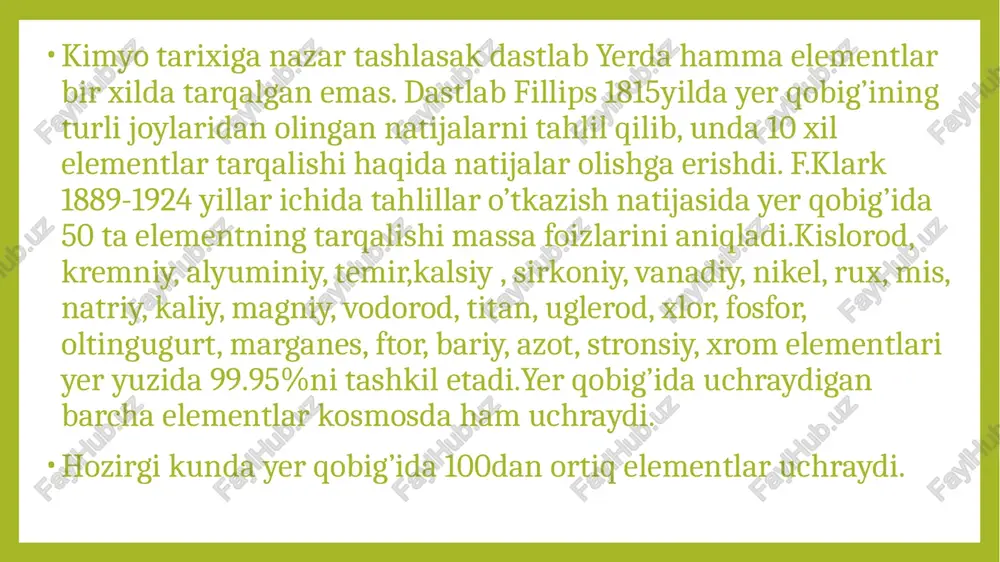 mush, oltin kabi yaltiroq metallar elektr toki va issiqlikni yaxshi o`tkazadi. metallarning hammasida erkin elektronlar bo`ladi, metallarda ana shu erkin elektronlardan kelib chiqadigan umumiy xossalar bo`lish bilan birga, o`zaro farq qiladigan xossalari ham bo`ladi. masalan, seziy 28,50 da, volfram esa 33700 da, kaliy 62,3 da, molibden 26250 da suyuqlanadi. 8000s dan past haroratda suyuqlanadigan metallar oson suyuqlanadigan metallar deb, undan yuqori haroratda suyuqlanadigan metallar qiyin suyuqlanadigan metallar deyiladi. natriy va kaliy shunday yumshoq, xrom esa nihoyatda qattiqdir. metallar solishtirma og`irligiga harab ikki guruhga bo`linadi. solishtirma og`irligi 5 gacha bo`lgan metallar yengil metallar, solishtirma og`irligi 5 dan katta bo`lgan metallar og`ir metallar deyiladi. metallarning xossalaridagi bunday farqning sababi, bir tomondan erkin elektronlar kontsentratsiyasi bo`lsa, ikkinchi tomondan atom va ionlarning tabiatidir. temir va uning qotishmalari qora metallar deb ataladi. temirdan boshqa metallarning hammasi rangdor metallar deyiladi. kumush, oltin, platina, iridiy, palladiy asl metallardir. metallarning kimyoviy xossalari. metallarning umumiy kimyoviy xossalaridan eng muhimi …