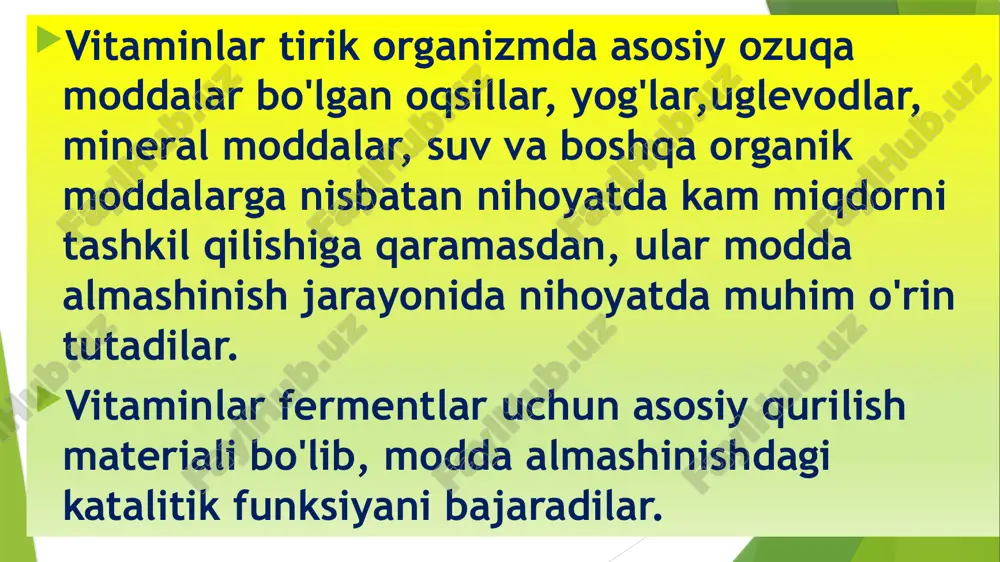 utidan olib oq sichqonlarga berib boriladi va sichqonlar yaxshi o'sib, sog'lam bo'lib yashashdi va 2 -chi guruh sichqonlarga esa tarkibidagi yog', oqsil, kanb va mineral tuzlaridan tozalangan sutdan beriladi bu guruh sichqonlar tezda o'lib ketadi. luinning asosiy olib borgan tajribasi shundan iboratki sigir sutidan olib oq sichqonlarga berib boriladi va sichqonlar yaxshi o'sib, sog'lam bo'lib yashashdi va 2 -chi guruh sichqonlarga esa tarkibidagi yog', oqsil, kanb va mineral tuzlaridan tozalangan sutdan beriladi bu guruh sichqonlar tezda o'lib ketadi. luin shundan xulosa qiladiki oziq-ovqat tarkibida ma'lum kimyoviy moddalardan tashqari qandaydir hayot uchun muhim bo'lgan noma'lum moddalar mavjudligi haqida o'z fikrini bildiradi •vitaminlarning hayvon va o'simliklar organizmitdagi, inson organizmidagi o'rni haqidagi ma'lumotlarni biokimyoning vitaminologiya qismida o'rganiladi. hayvonlarning ovqatlanishidagi vitaminlarning muhim o’rin tutishi natijasida oziq-ovqat sanoatida vitaminlar sanoati vujudga keldi. hozirda nafaqat insonlar hayotining vitaminlarga bo'lgan ehtiyoji hatto suv o'tlari va mikroorganizmlarning ham hayot faoliyati vitaminlar bilan bog'liqlik jarayonlari o'rganilgan. masalan: o'simliklar ildizi …